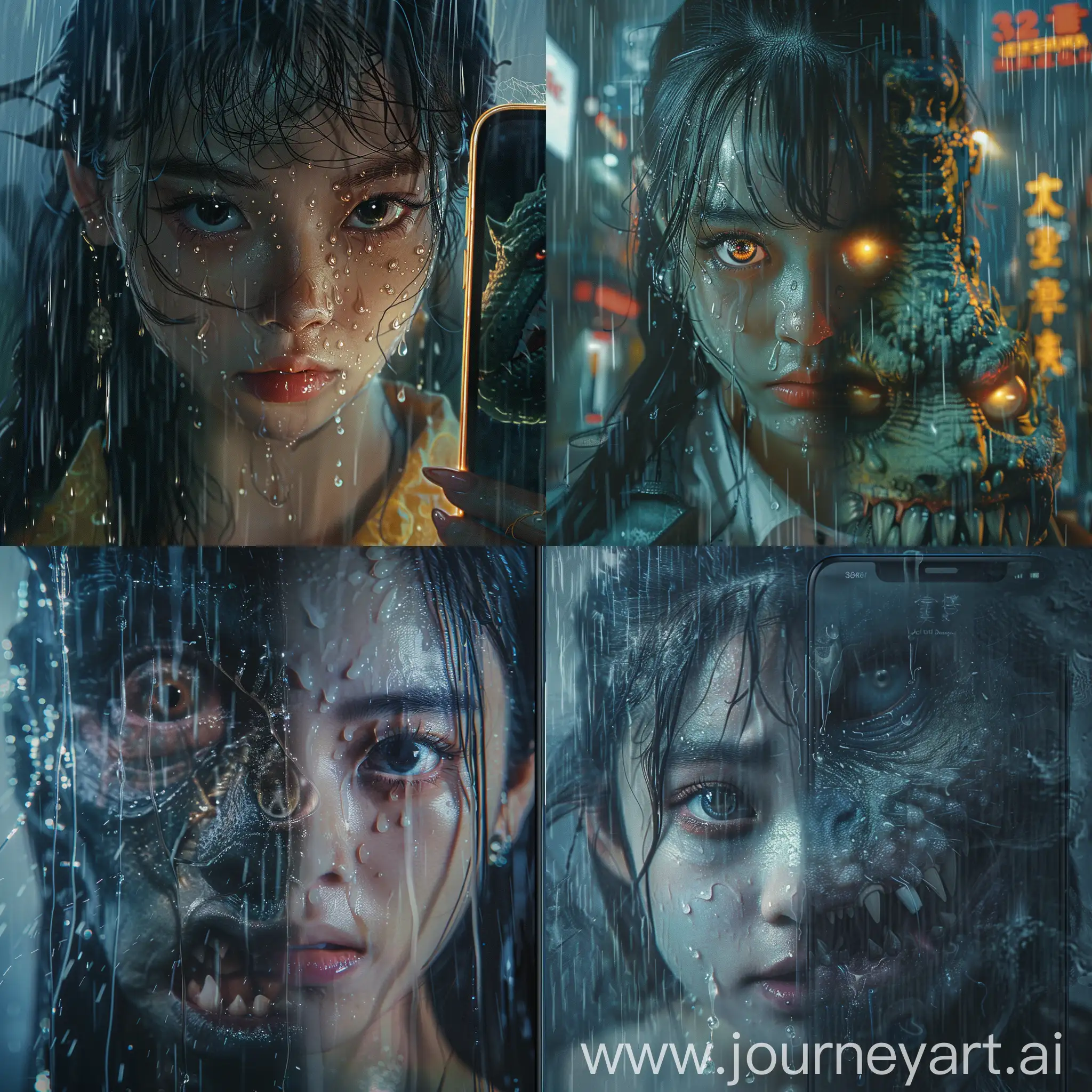 Realistic,Masterpiece,18 - year - old beautiful girl and monster,pearl - like eyes,extremely delicate facial depiction,heavy rain,crazy body movements,exaggerated perspective,poster,androgyny,fashion,dramatic lighting,strong tones,distortion style,32k UHD,chinese girls,(full_body:1.1),phone_screen,