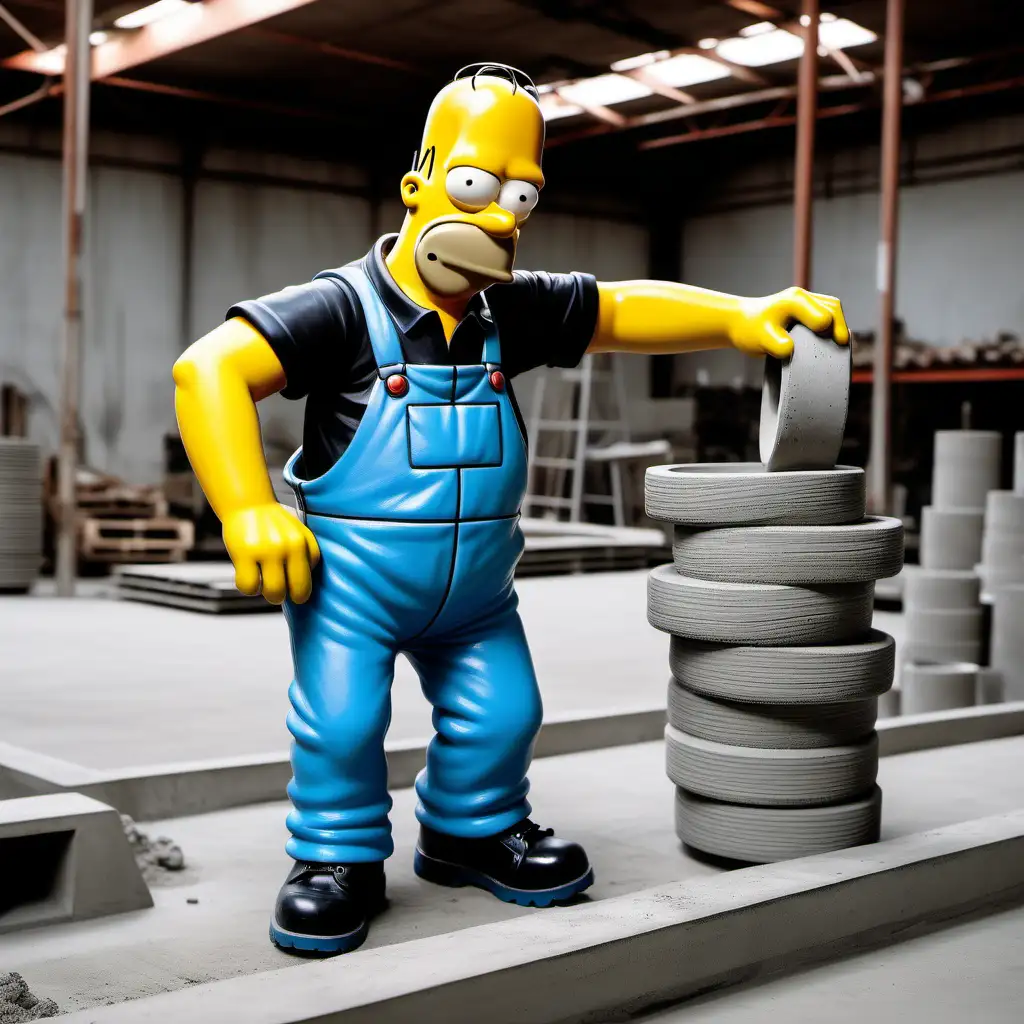 Homer Simpson in Blue Overalls Stacking Concrete Rings at Factory