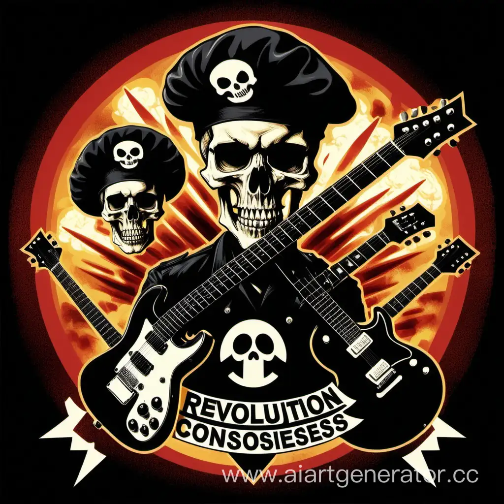 эмблема рок группы Revolution consciousness. череп в черном берете на фоне ядерного взрыва и двумя гитарами