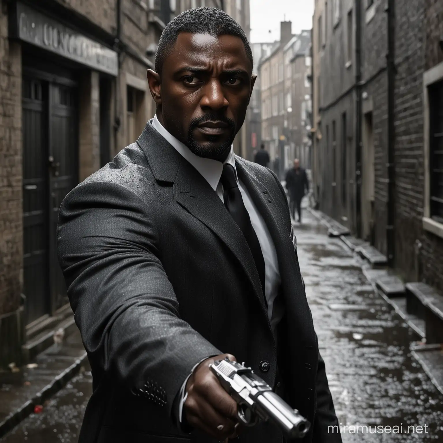 In a dimly lit alleyway, rain drizzles down, casting a glistening sheen on the cobblestones. Suddenly, from the shadows emerges Idris Elba as James Bond, his sleek silhouette illuminated by a distant streetlight. With purposeful strides, he moves forward, his steely gaze fixed ahead, a gun clasped firmly in his hand.

Elba's Bond exudes confidence and determination, his tailored suit clinging to his muscular frame, the epitome of suave sophistication and deadly efficiency. As he approaches, the camera captures the glint of steel in his piercing eyes, reflecting his unwavering resolve and unwavering commitment to his mission.

With lightning-fast reflexes, Bond raises his gun, the metallic click echoing through the alleyway. In one fluid motion, he takes aim, his expression a perfect blend of intensity and cool composure. Every movement is calculated, every gesture deliberate, as he prepares to confront the unknown threat lurking in the darkness.

In this moment, Idris Elba's James Bond is a force to be reckoned with, a master of espionage and intrigue, ready to face whatever dangers lie ahead. With his gun raised and his senses sharpened, he stands as a beacon of strength and resilience, poised to defend against any adversary that dares to challenge him.