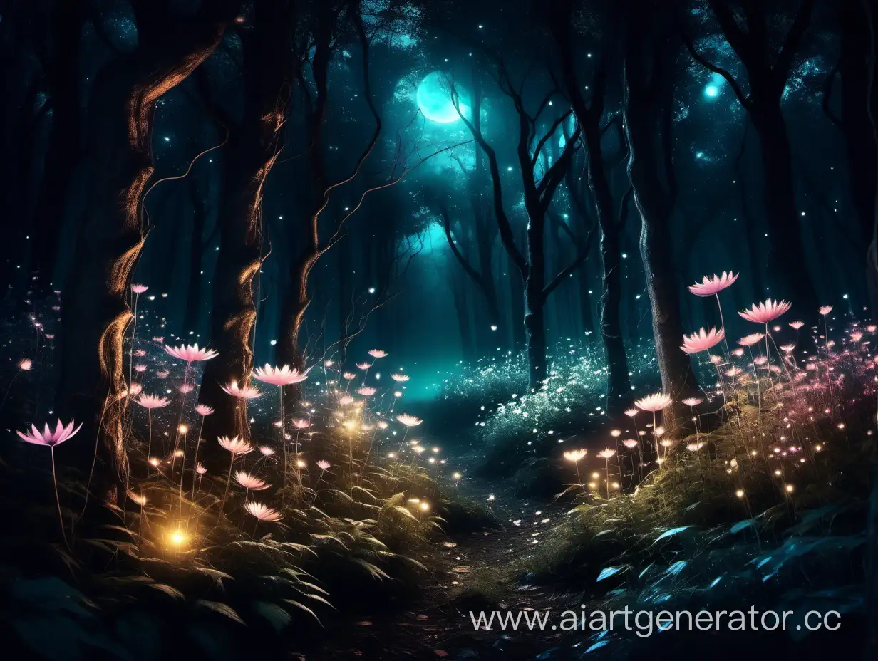 ночной волшебный лес с светящимися цветами