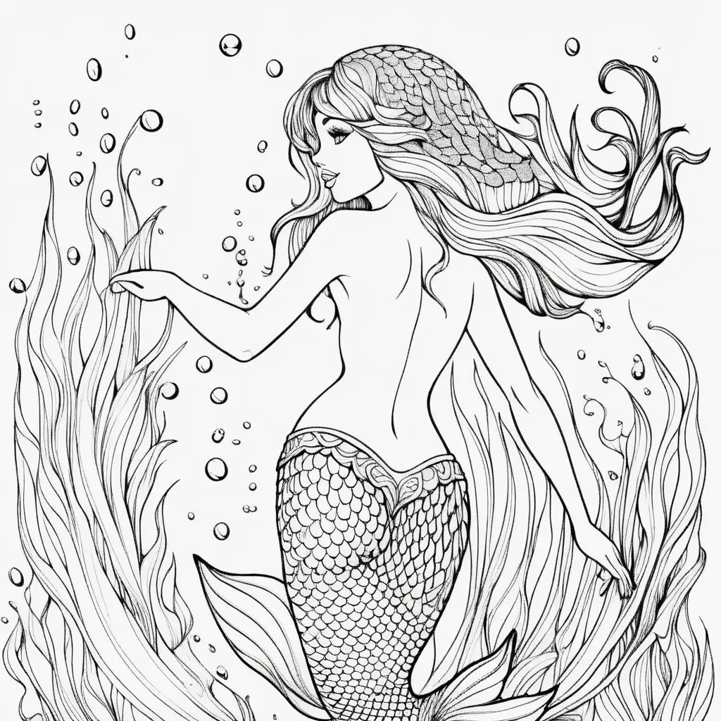 adult coloring page, swimming mermaid , white background