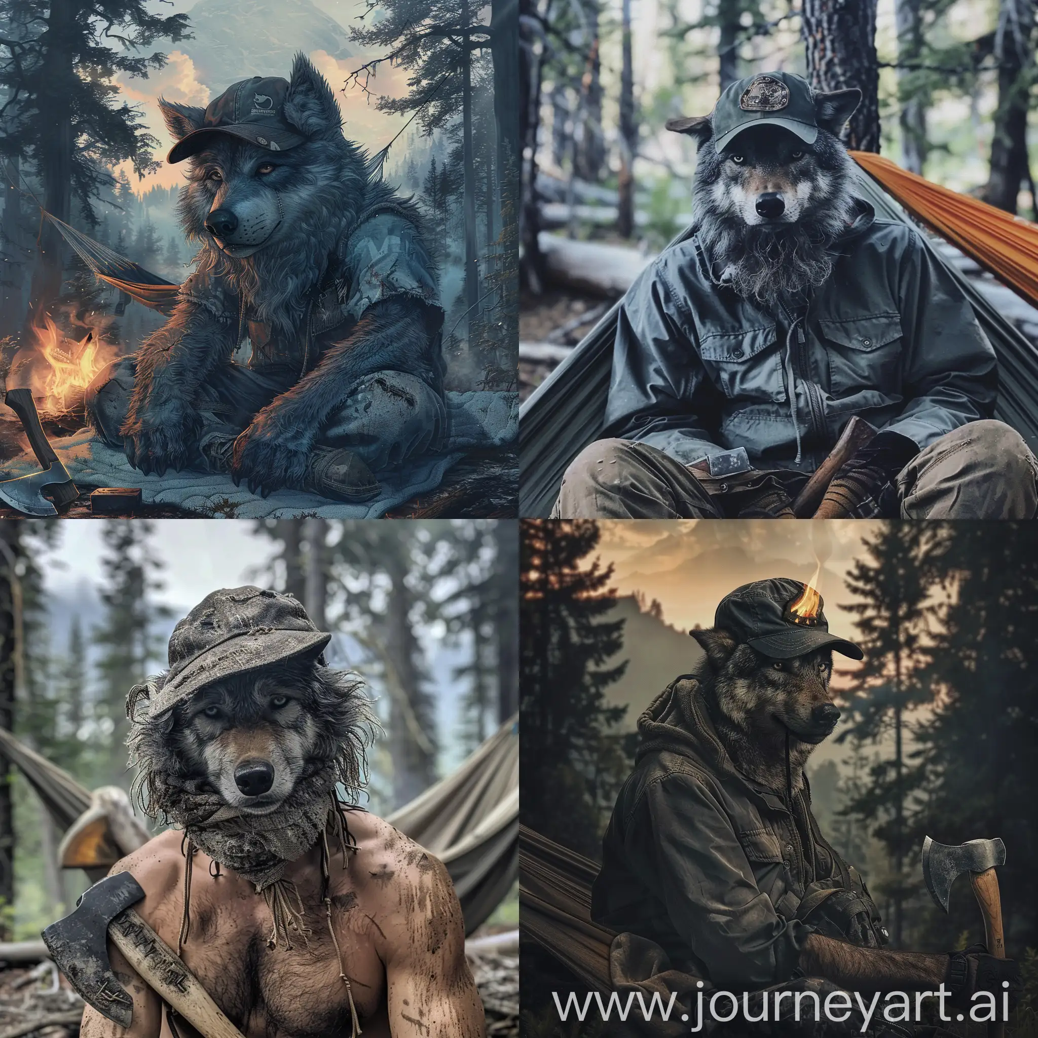 wolfman, cap on his head, forest ,mountain, firecamp,  hammock, axe