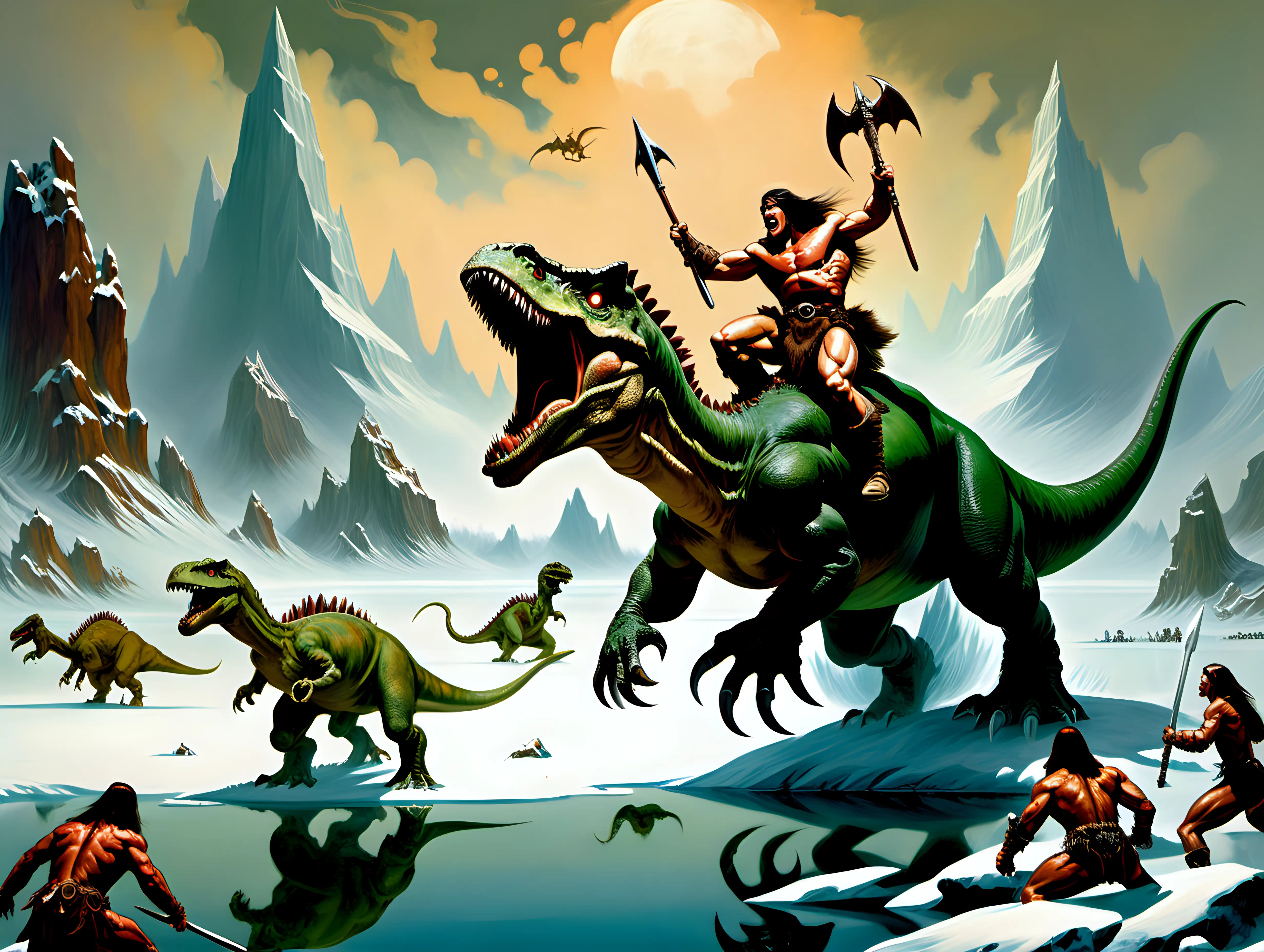 Conan the Barbarian Riding a Dinosaur Battling Dragons on a Frozen Lake Epic Fantasy Art