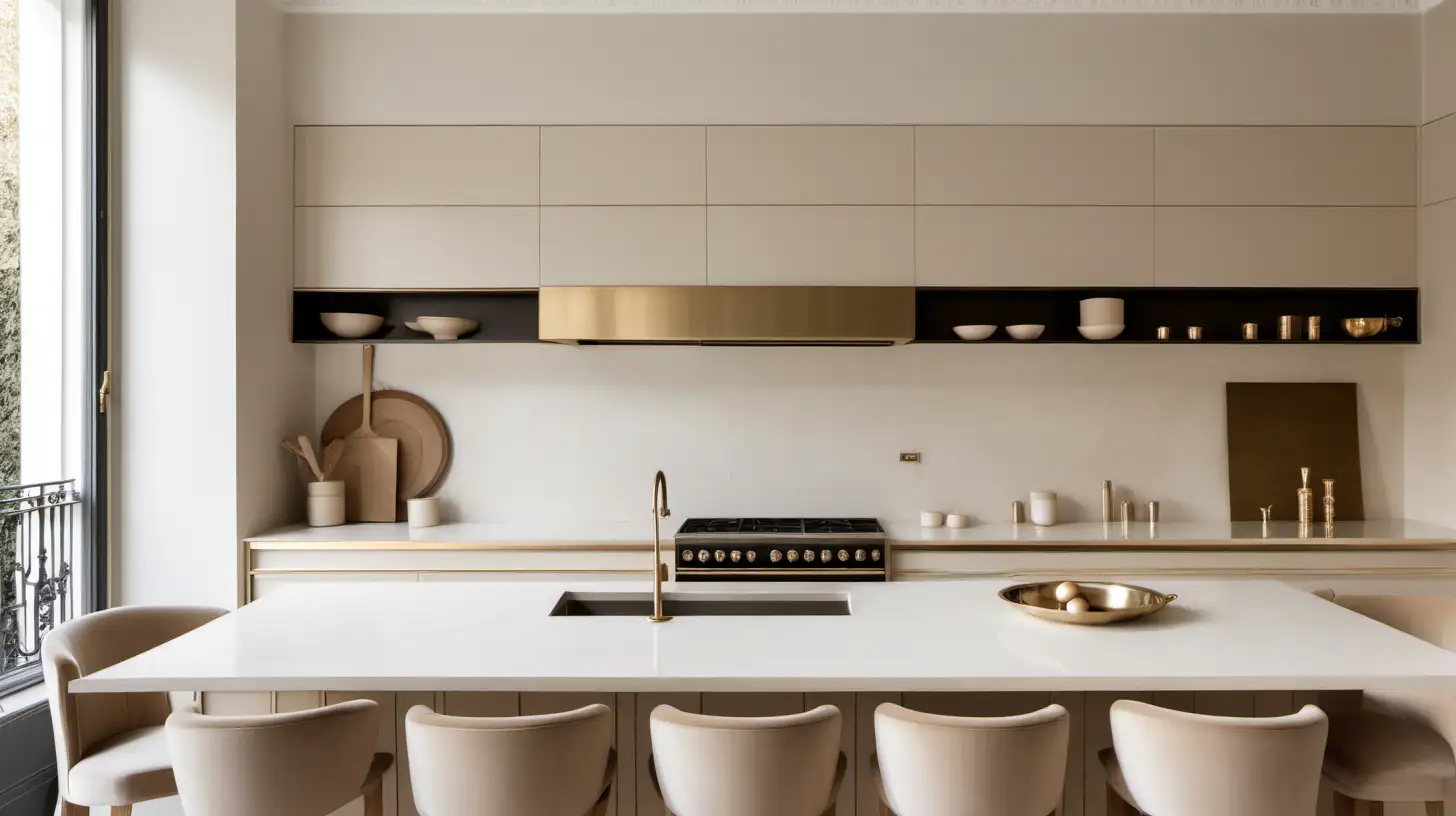 Elegant, Minimalist, neutral Parisian kitchen; Beige, Oak, Brass, Ivory colour palette