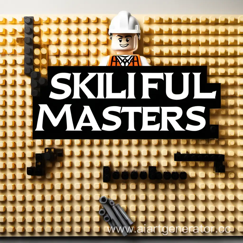Надпись "Удалые мастера" с логотипом строителя на фоне LEGO