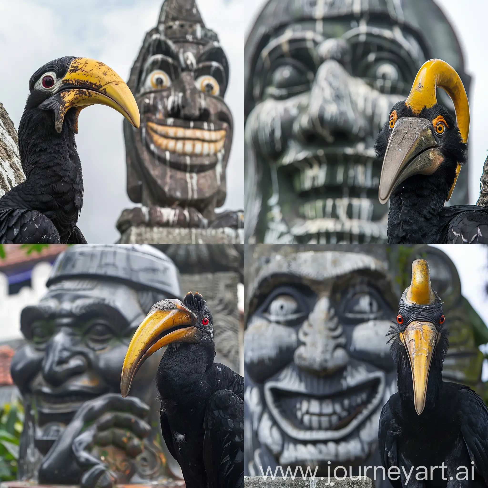 Realistics black Hornbill, yellow horn, grinned face, standing behind famous statue in pontianak city, west kalimantan indonesia