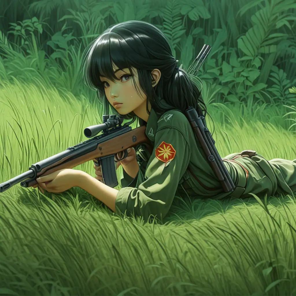 Dark Vietnamese Forest Sniper Laying In Grass Anime Woman