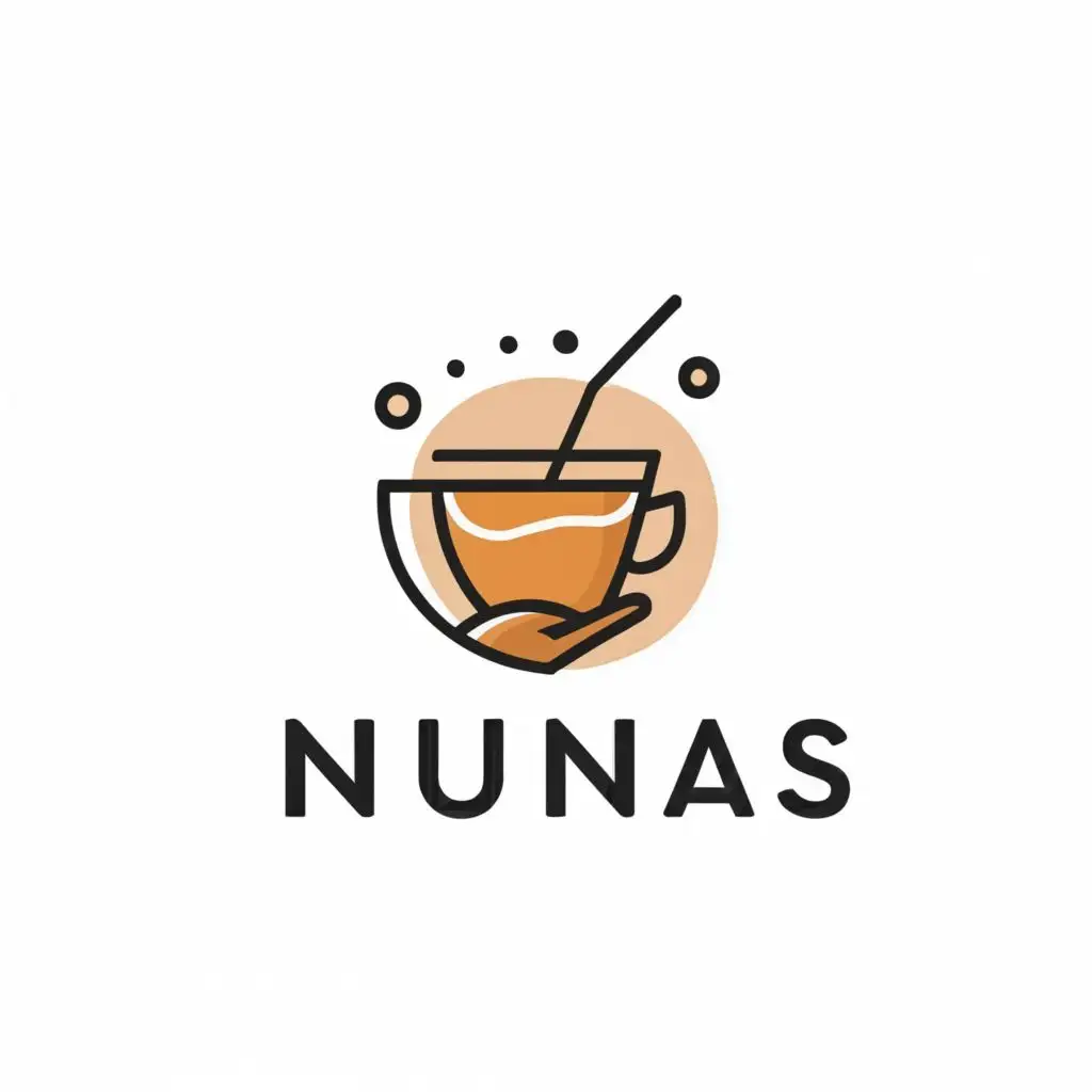 a logo design,with the text "NUNAS", main symbol:CUP DRINK, STRAW, HOPE HAND, crypto, moon, HALF HEART, COFFEE,Minimalistic,clear background