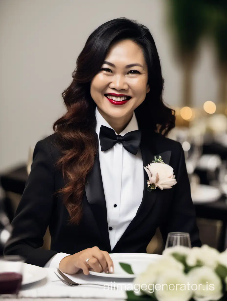 40 year old smiling vietnamese woman with long hair and lipstick wearing a formal tuxedo with a black bow tie.  She is at a dinner table.Her jacket has a corsage.