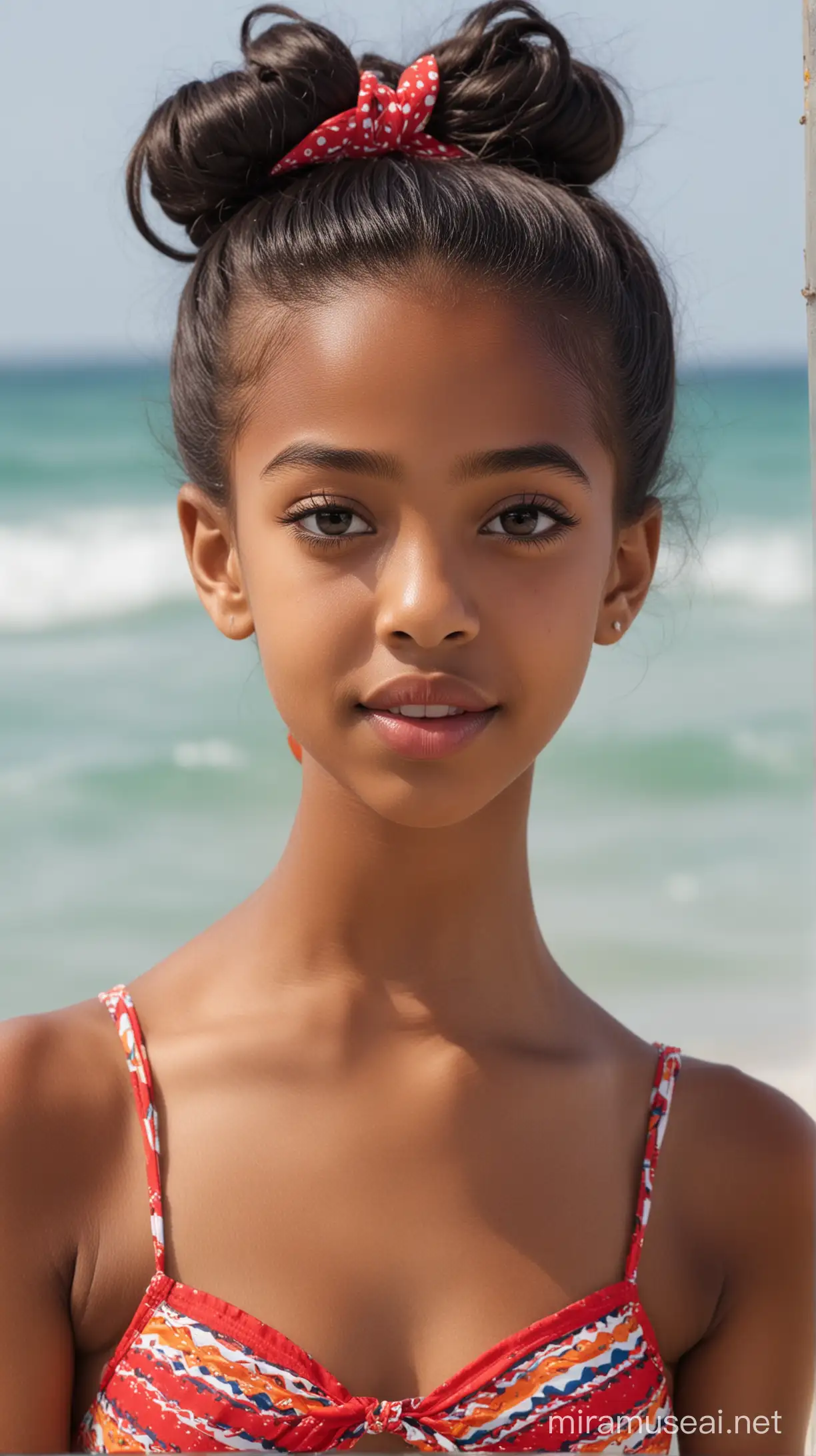 A 12 year old skinny black woman with big eyes, straight nose, small red lips, sharp chin and long straight black hair with a bun at back wearing a bikini at a beach