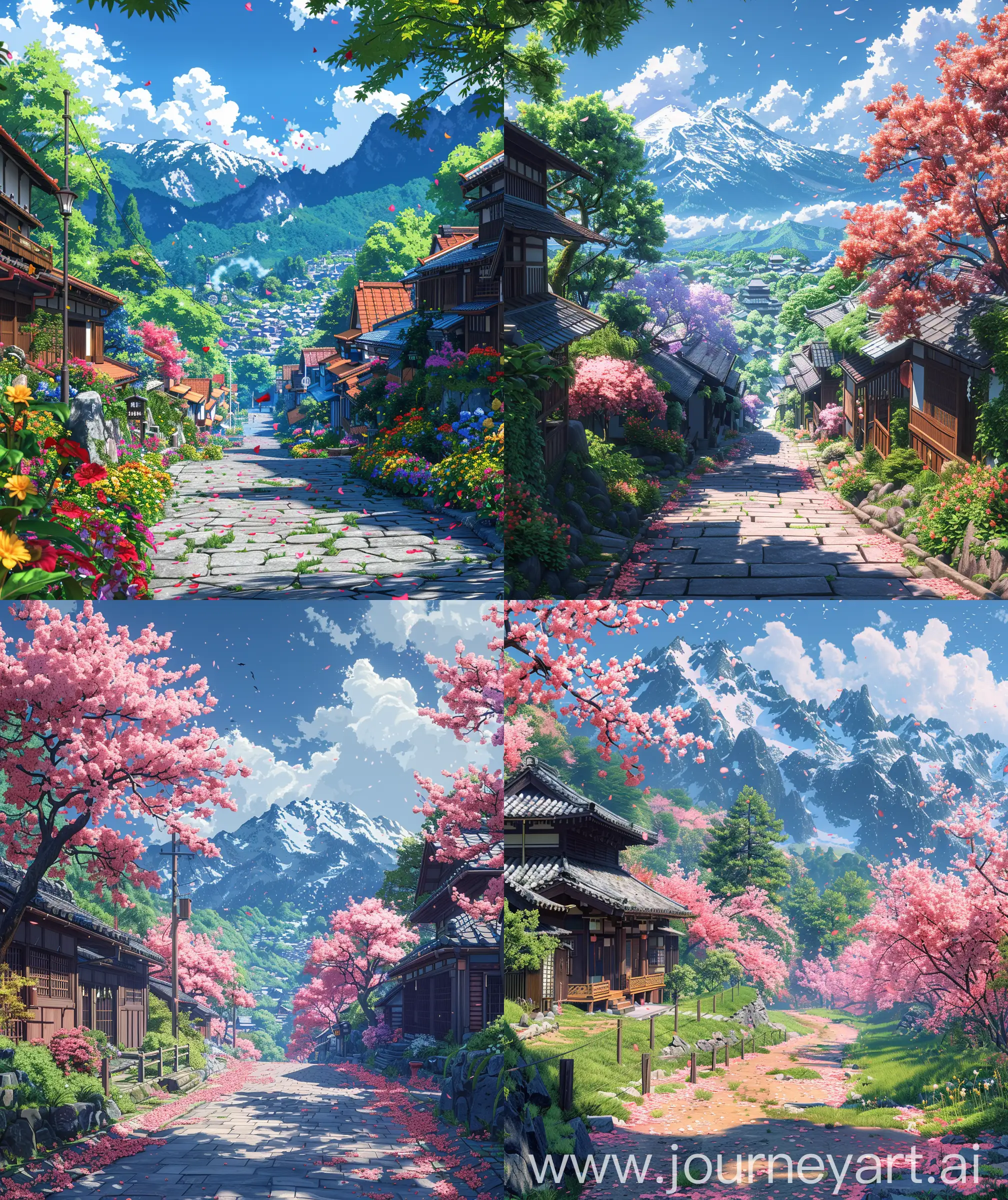Anime view scenary, illustration, mokoto shinkai style, spring day, verious places of flowers , beautiful view, breeze, direct front facade view, anime view, colorful, anime illustration scenary, ultra HD, high quality, sharp details, --ar 27:32 --s 600