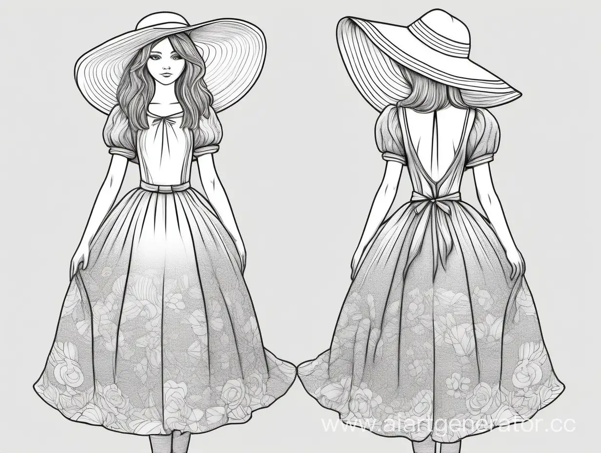 картинка для раскрашивания девушка в шляпе и платье спиной, маштабная фигура,очень высокая детализация