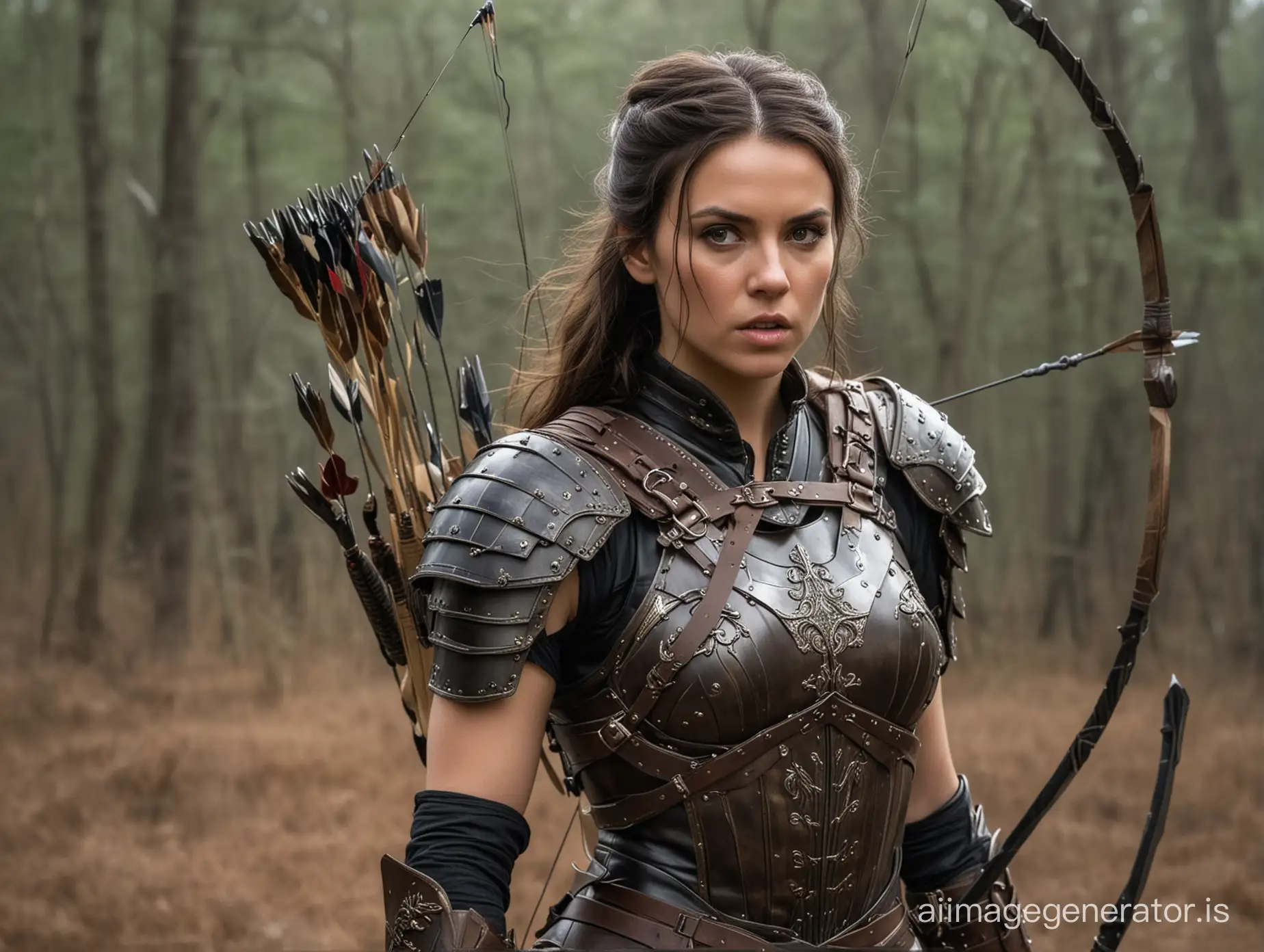 A brunette woman wearing armor with a bow and arrows and a knife