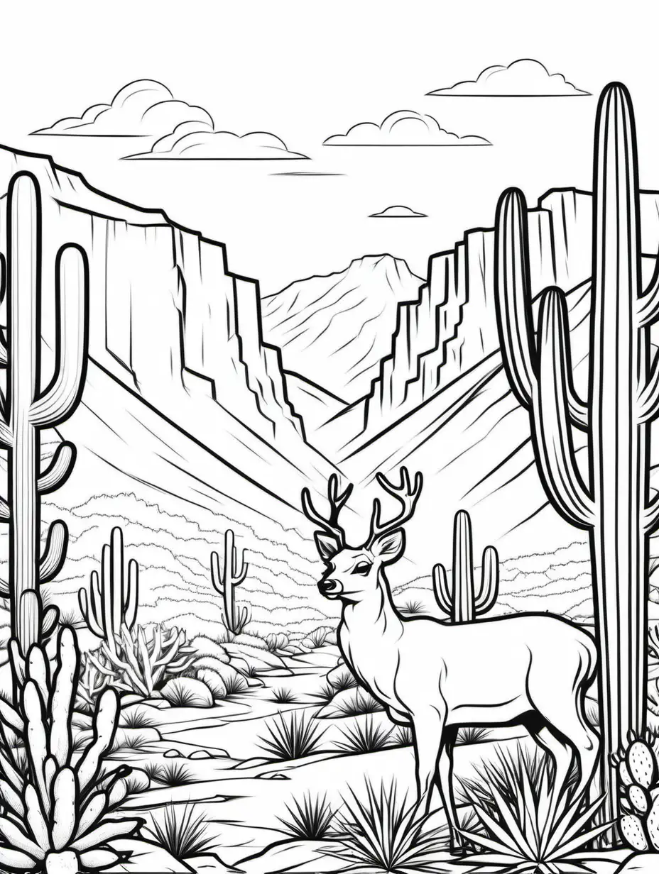 Beautiful national park, Landscapes, cactus, deer, Cartoon style, sketch thin line, coloring page, black and white,