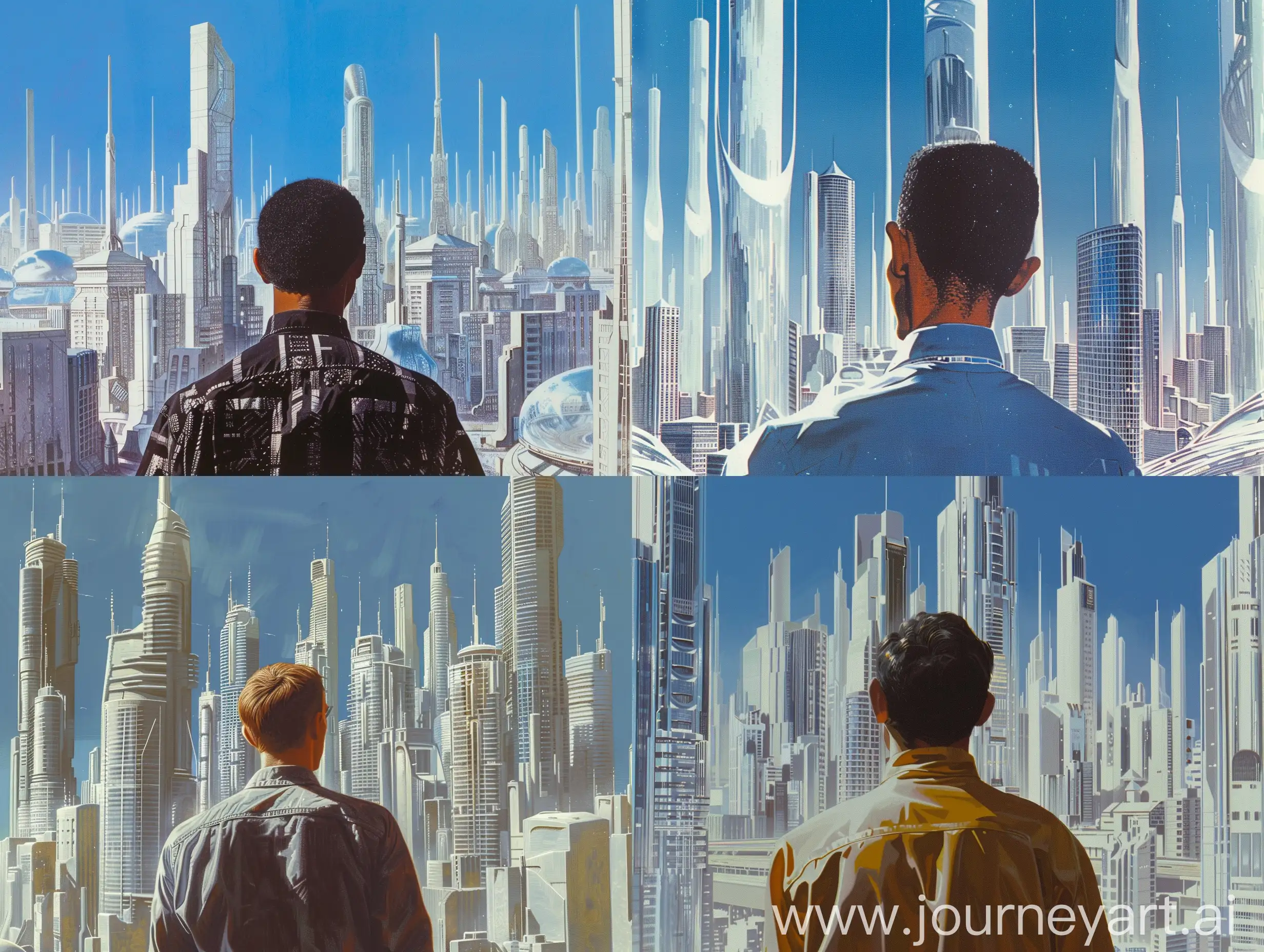 concept art of the back of man in the center looking resolutely at a futuristic city skyline of shimmering smooth silver and white skyscrapers and buildings. in 1970s retro science fiction art style. in color. blue sky.
