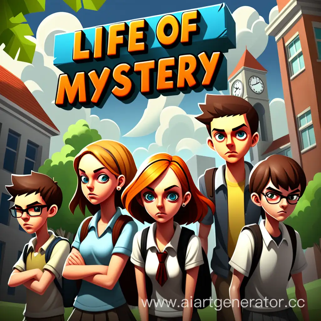 Заставка игры, название игры Life of a mistery, приключение подростков в школе. На картинке должно быть название игры.