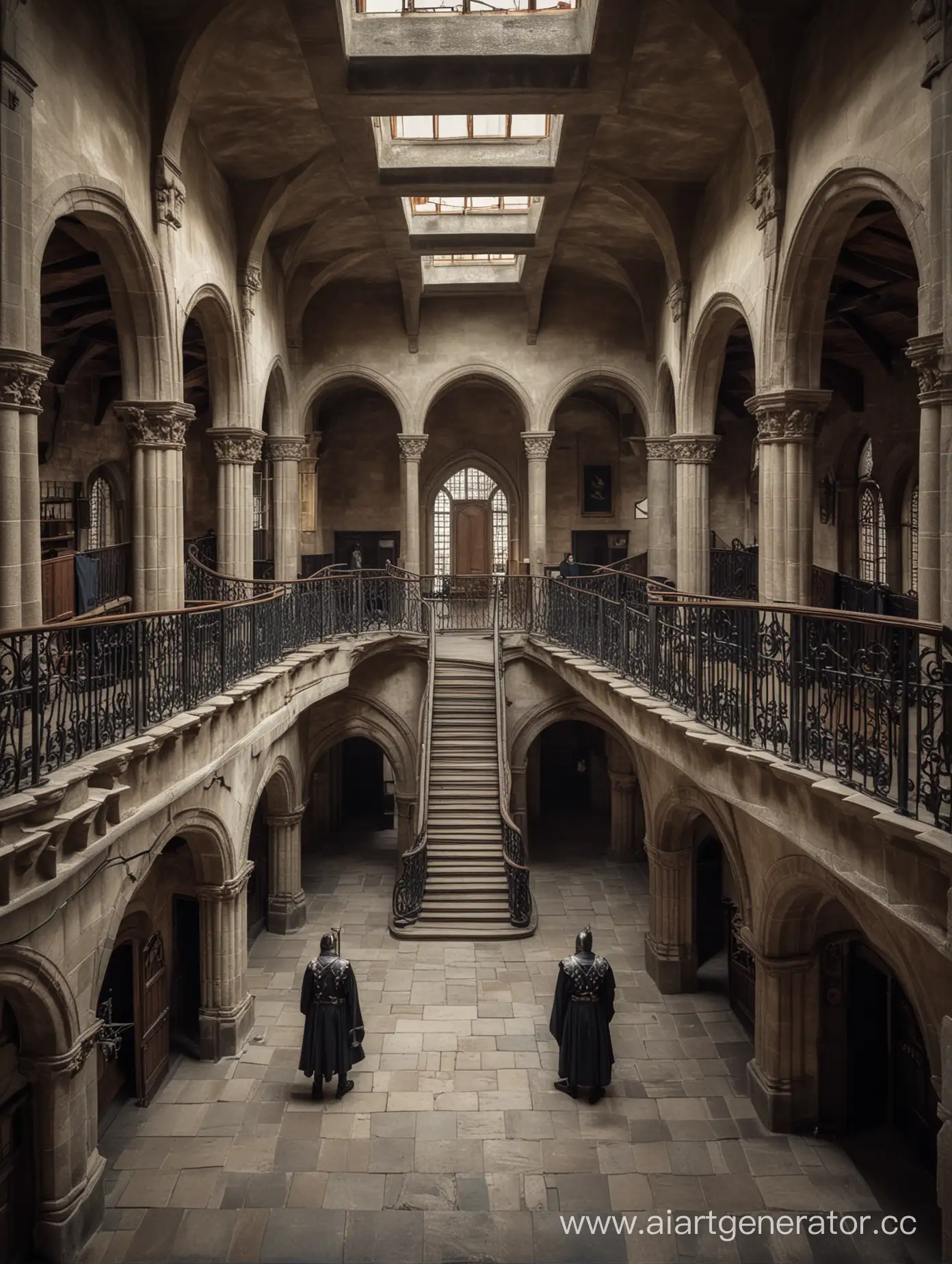 Medieval-Manor-Hall-Ambush-Guards-Down-on-Semicircular-Staircases