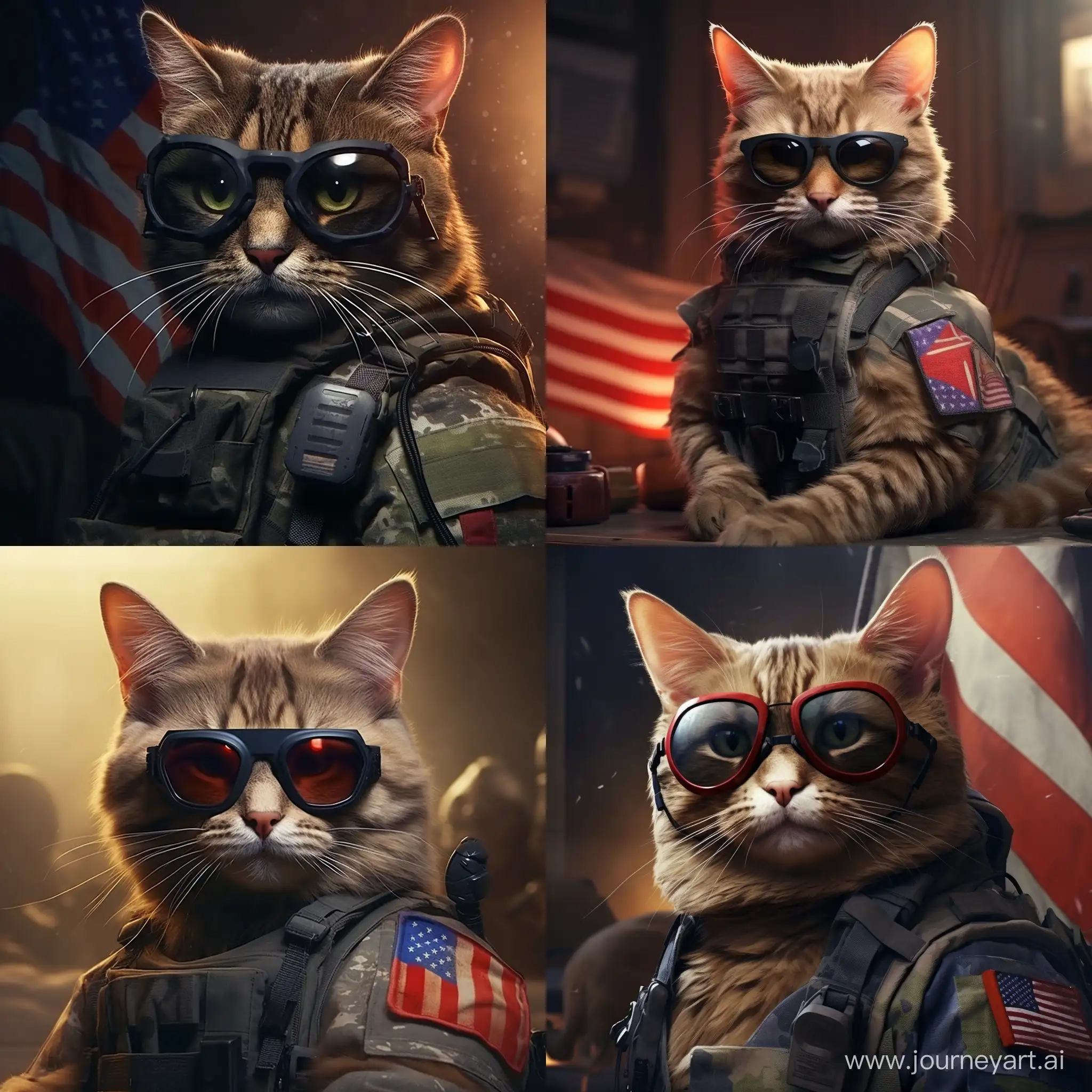 реалистичный кот, круно, смотрит в кадр, в тактической военной одежде, в очках, с флагом россии, с нашивкой россии
