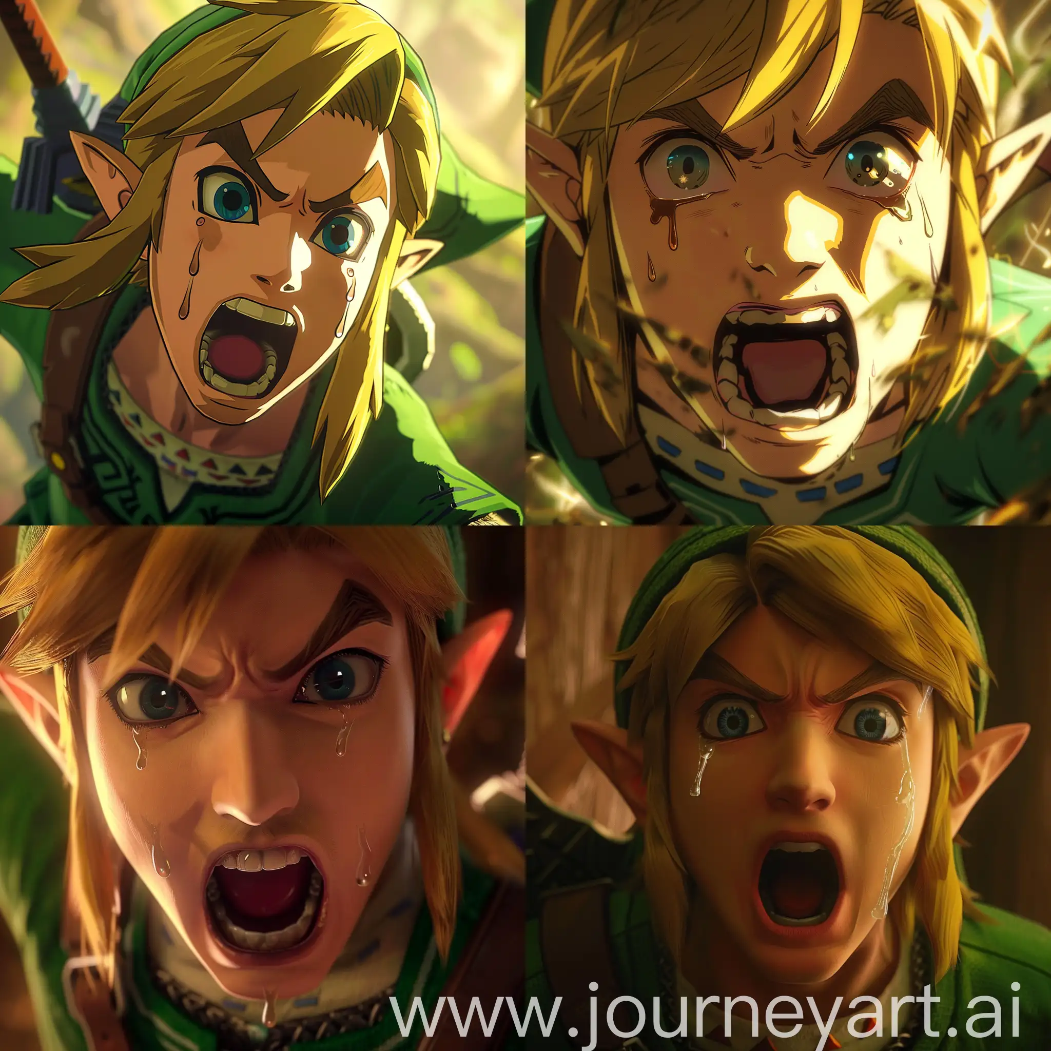 Link de Zelda tears of the kingdom qui hurle de rage en gros plan, graphisme du jeu, 16:9
