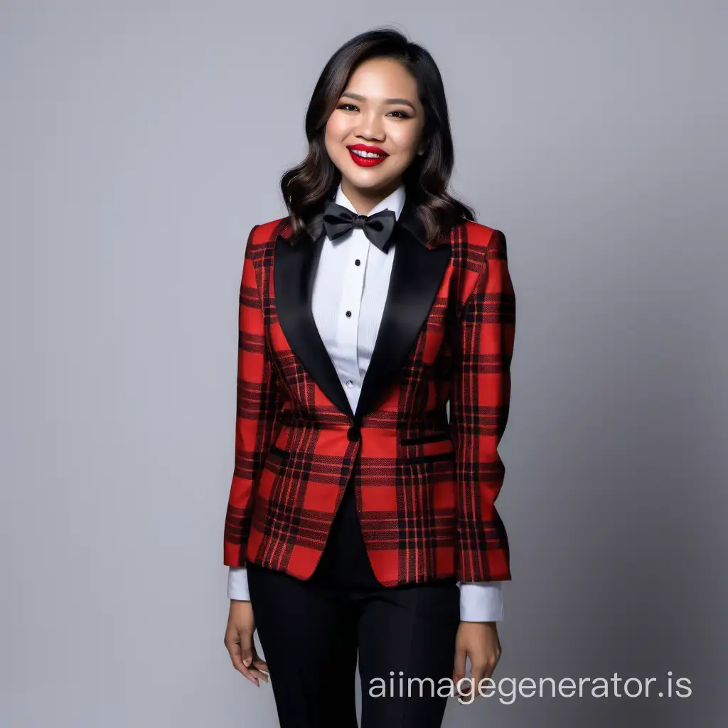 a happy filipino woman with shoulder length hair and lipstick wearing a red and black plaid tuxedo with a white shirt and a black bow tie and black pants