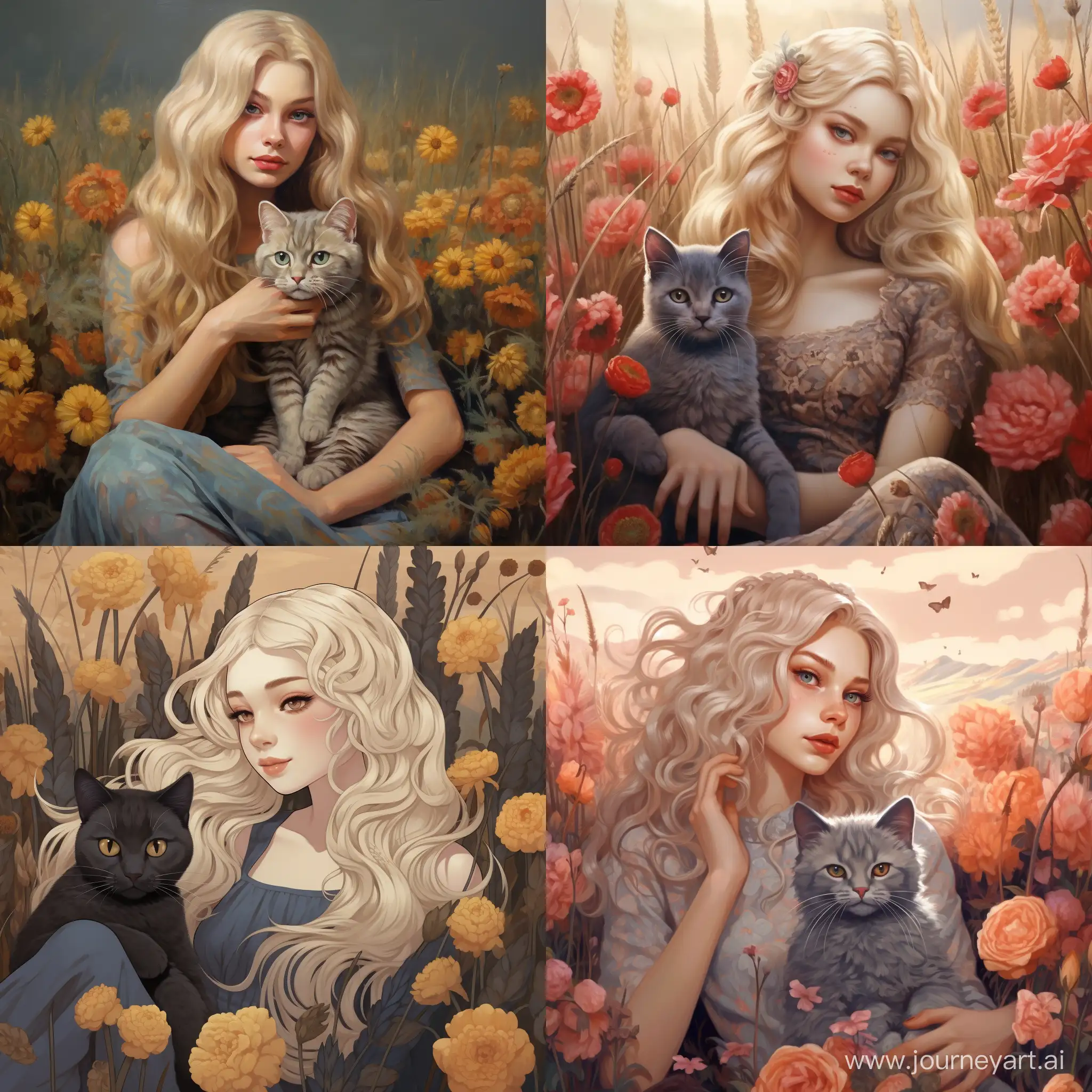 Девушка с блондинистыми волосами сидит в поле, где много цветов, на ее руках сидит серый кот 