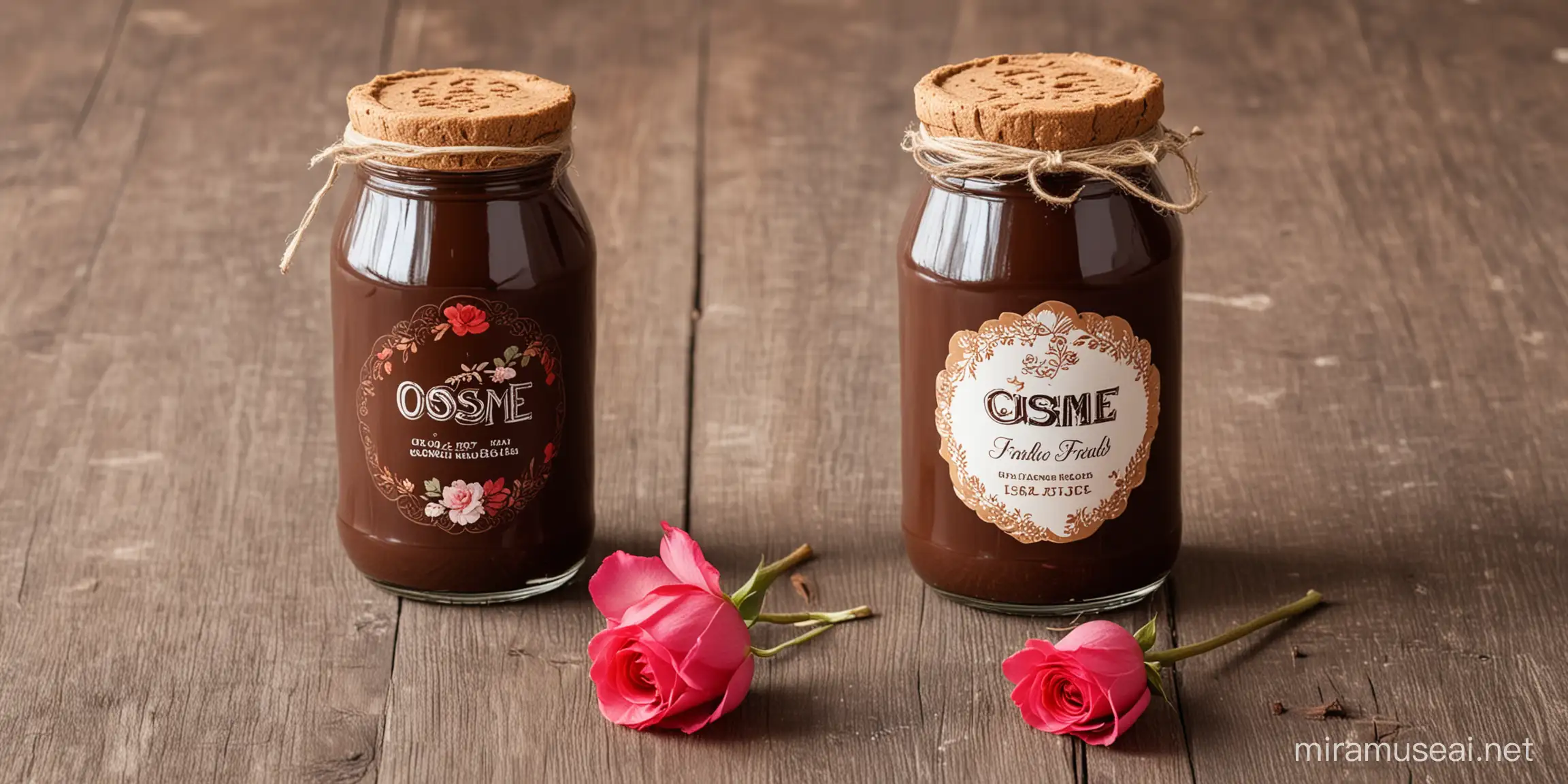 chocolate spread in beautiful glass bottle branded with the words Osome Foods with  wooden textured background and roses leaves