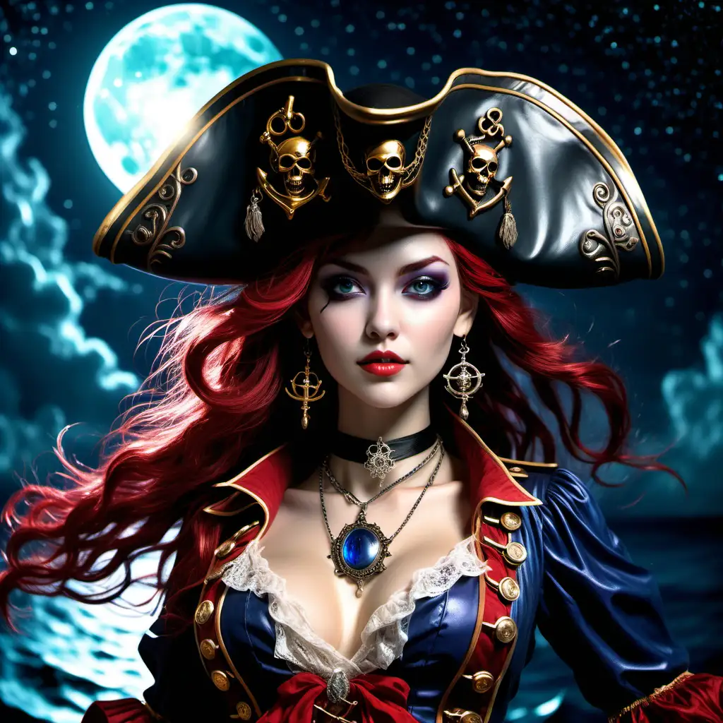 high quality, super realistic, pirate hat, a 20-year-old Pirate Maiden with a celestial beauty rivaling the stars, Picture her poised at the helm of a grand pirate ship, her silhouette defined against the shimmering night sky of a crimson moon, The vessel itself is a maritime masterpiece, adorned with intricate carvings, polished brass embellishments, and an array of mystical symbols, The Scarlet Moonlit Pirate dons a resplendent ensemble blending midnight blues with silvery hues, adorned with delicate lace and glistening gemstones, A star-like pendant gracefully hangs around her neck, emphasizing her bewitching aura, by yukisakura, high detailed,

