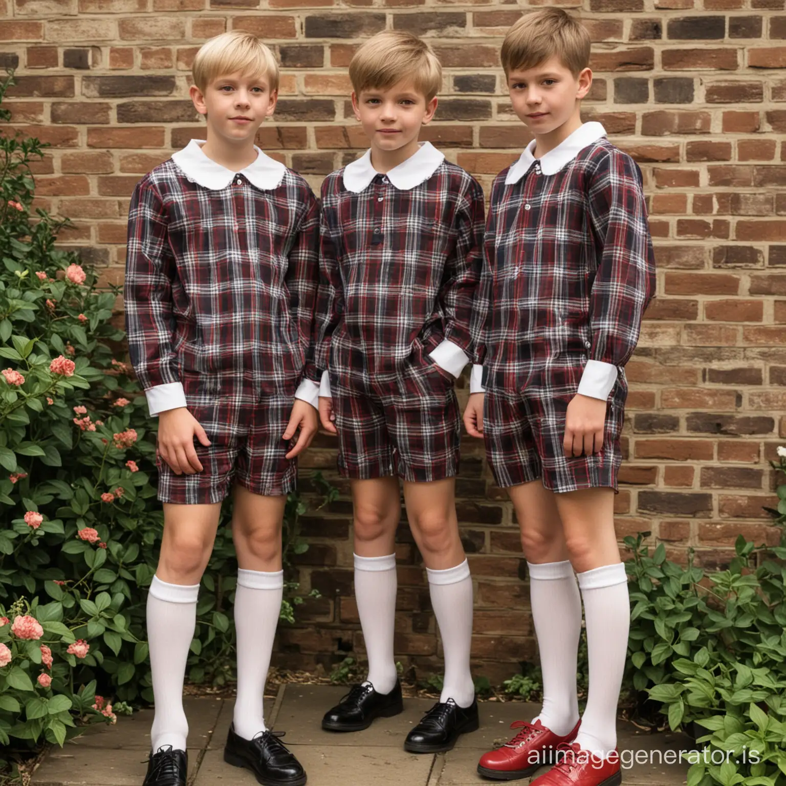 Two 15-year-old slender blond boys with short hair in tartan short jupsuit and Peter Pan collar blouse, white patterned knee-high socks and sneackers, standing against a brick wall in a garden.