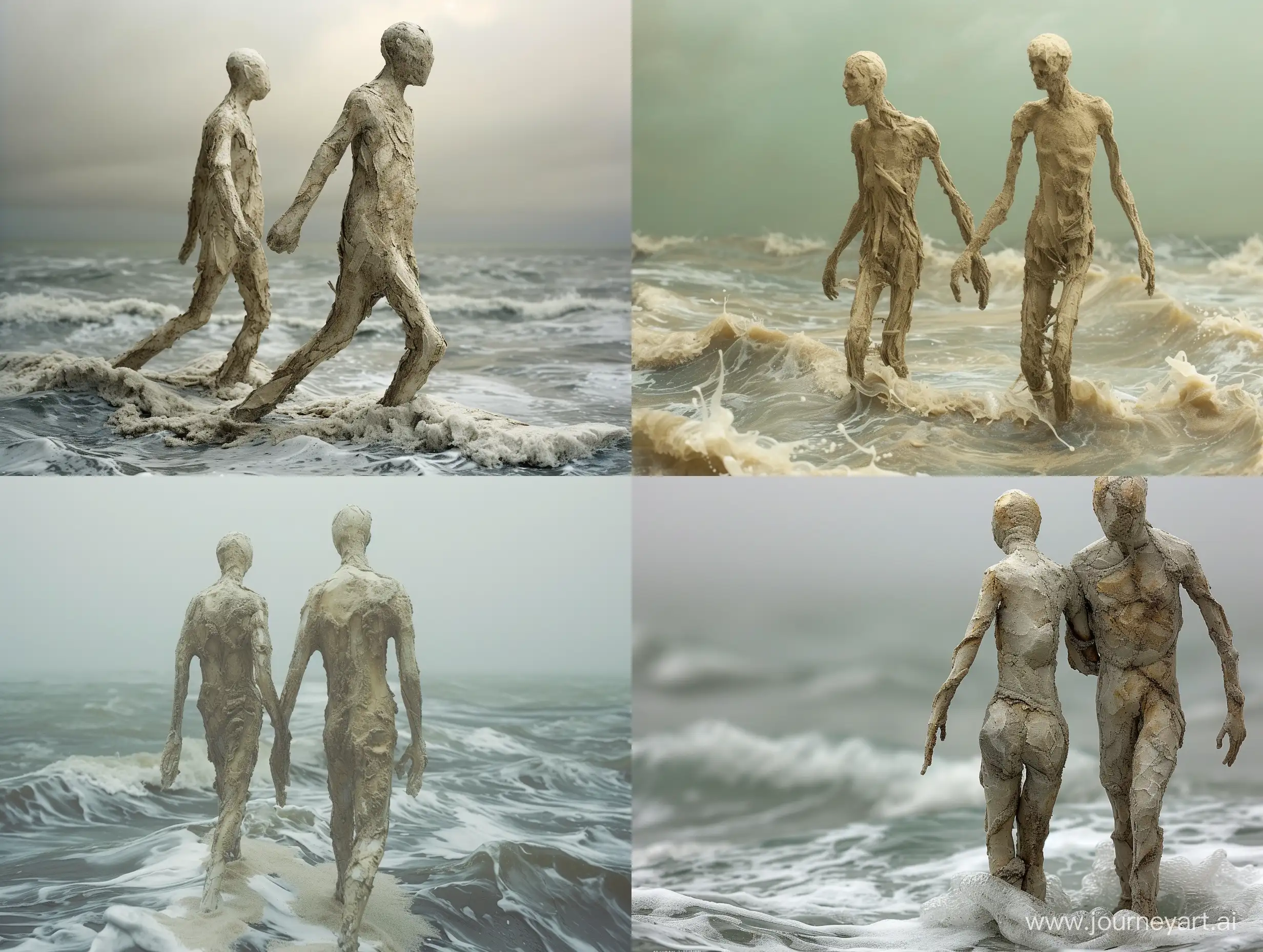 Human figures whose bodies are made entirely of sand walk together on a choppy sea —stylize 250