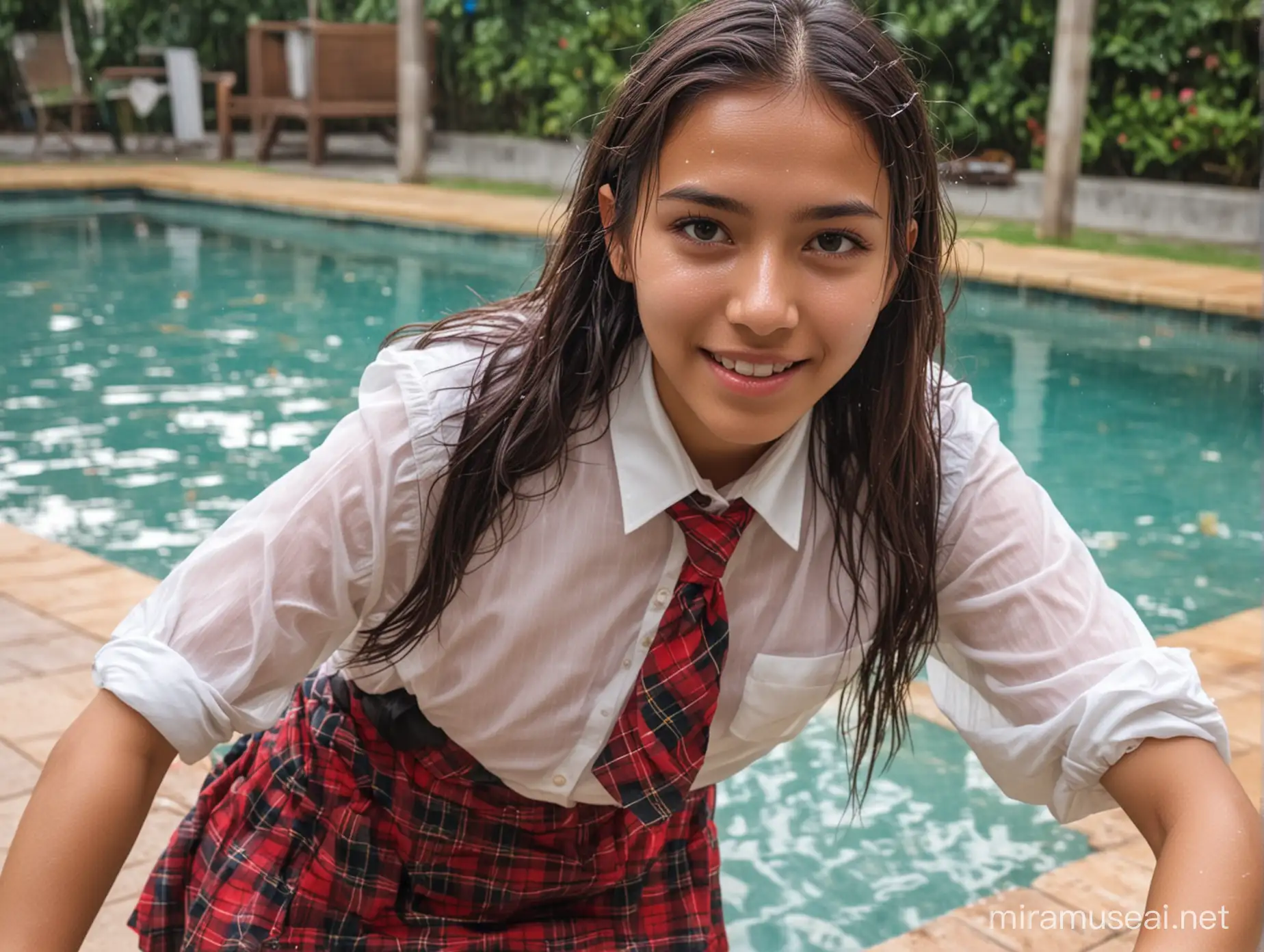 15 years old woman - indonesian, flat-chested, makeup, tight buttoned white sheer blouse tucked into red plaid tight fit skirt - soaking diaphanous wet, necktie, wearing a backpack, out from swimming pool, wet face, wet clothes, wet body, limp wet hair, goofy expression, selfie