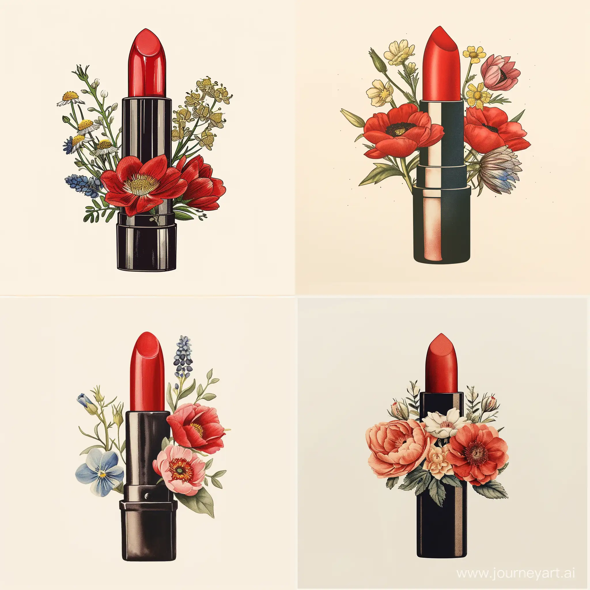 a red lipstick with flowers in a botanicals fashion illustration style