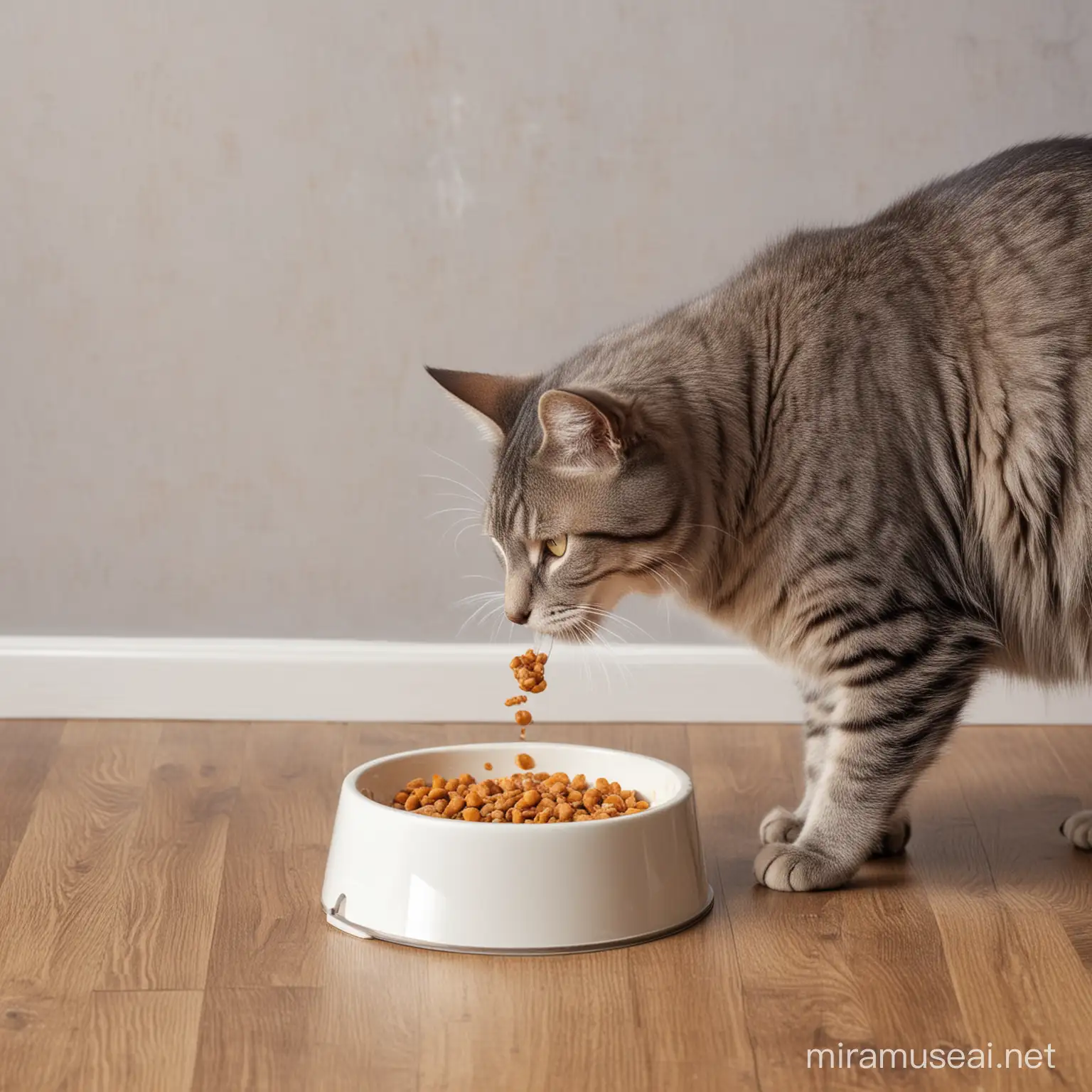 Man Pouring Food into Cats Bowl with Attentive Cat