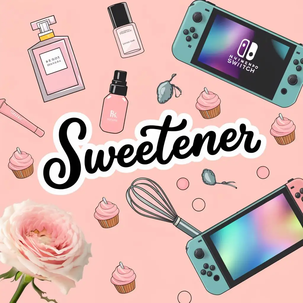 logo, Cartoon styled perfume bottles, makeup, skincare products, Nintendo switch, gaming pc, cooking whisk and batter, pastel pink rose, mini pink cupcakes scattered around. It is a minimalist aesthetic. The font is cursive and has a white border, with the text "Sweetener", typography