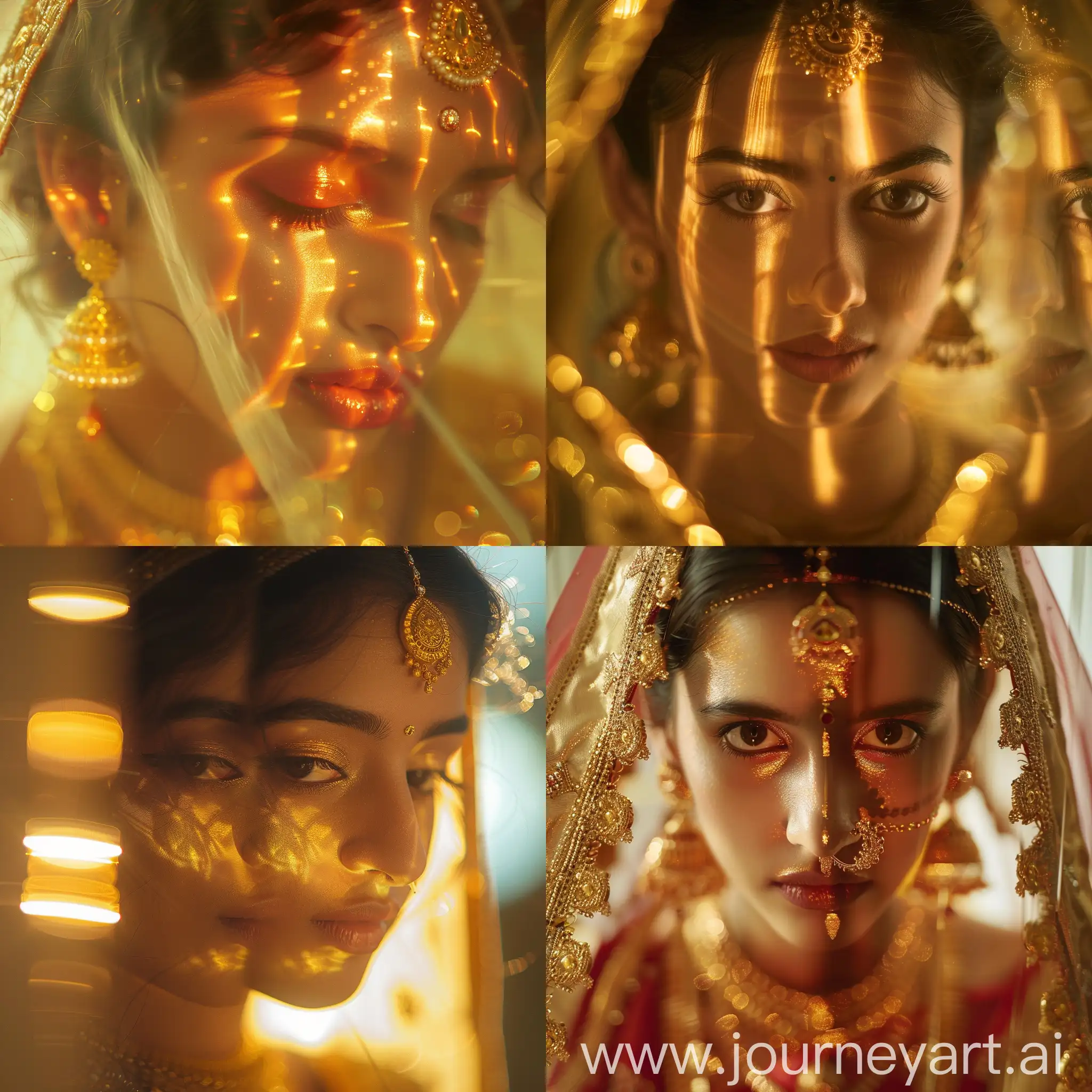 A Reflective HyperRealistic elegant  stunning Southindian elegant woman changing Face close up look photo shoot gold light. 