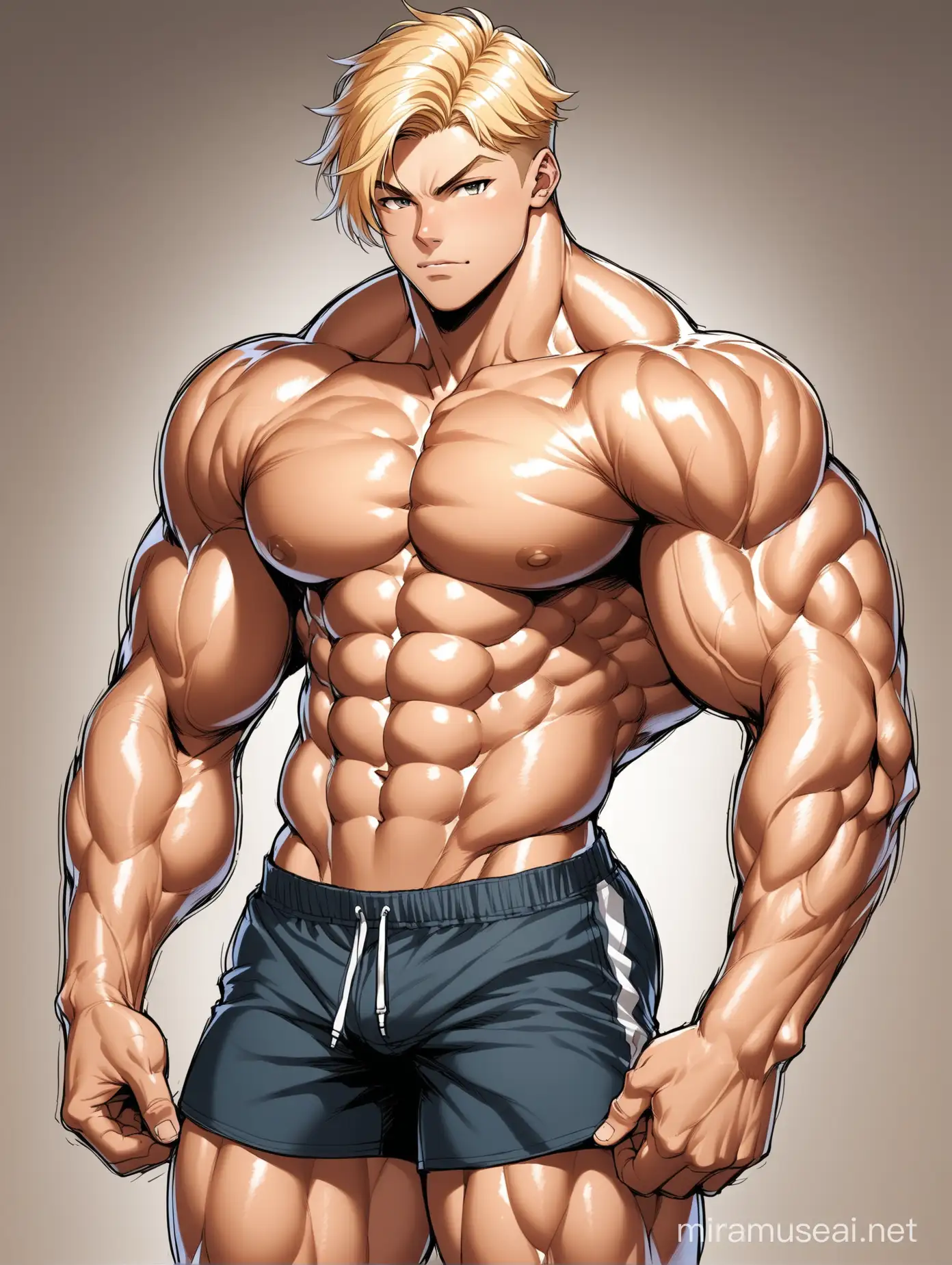 Full color drawing of an extremely muscular teenage male with short blond hair, a very beautiful, delicate face, wide shoulders, huge biceps, hard six-pack abs, and very strong and powerful legs, wearing shorts or trunks