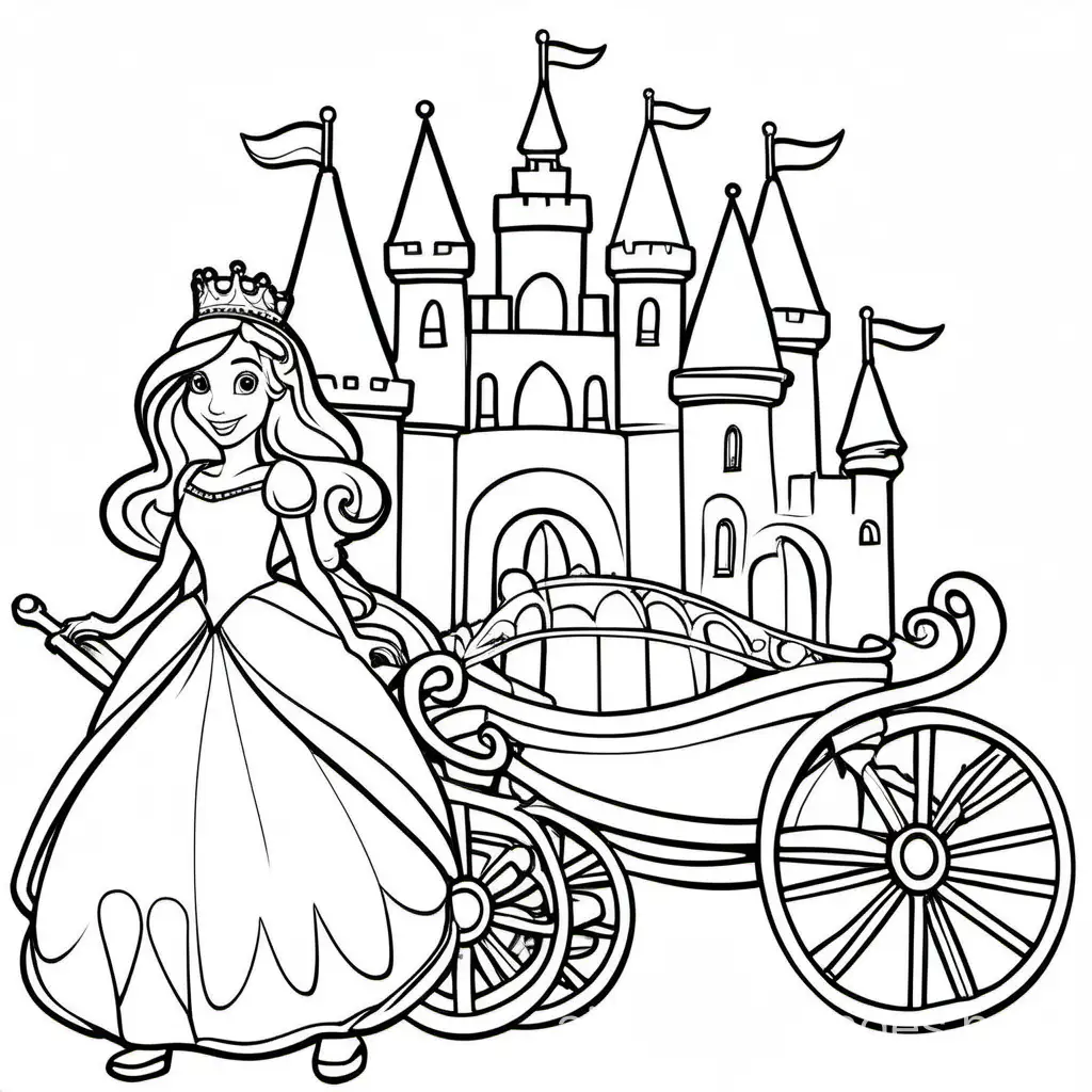 princess with a carriage and castle, Coloring Page, black and white, line art, white background, Simplicity, Ample White Space. The background of the coloring page is plain white to make it easy for young children to color within the lines. The outlines of all the subjects are easy to distinguish, making it simple for kids to color without too much difficulty