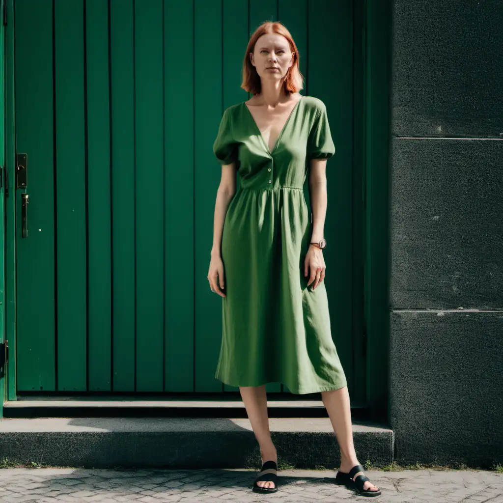 İn copenhagen, one full body model, coolhunter photo style, with a green midi dress. Cool, casual summer style.