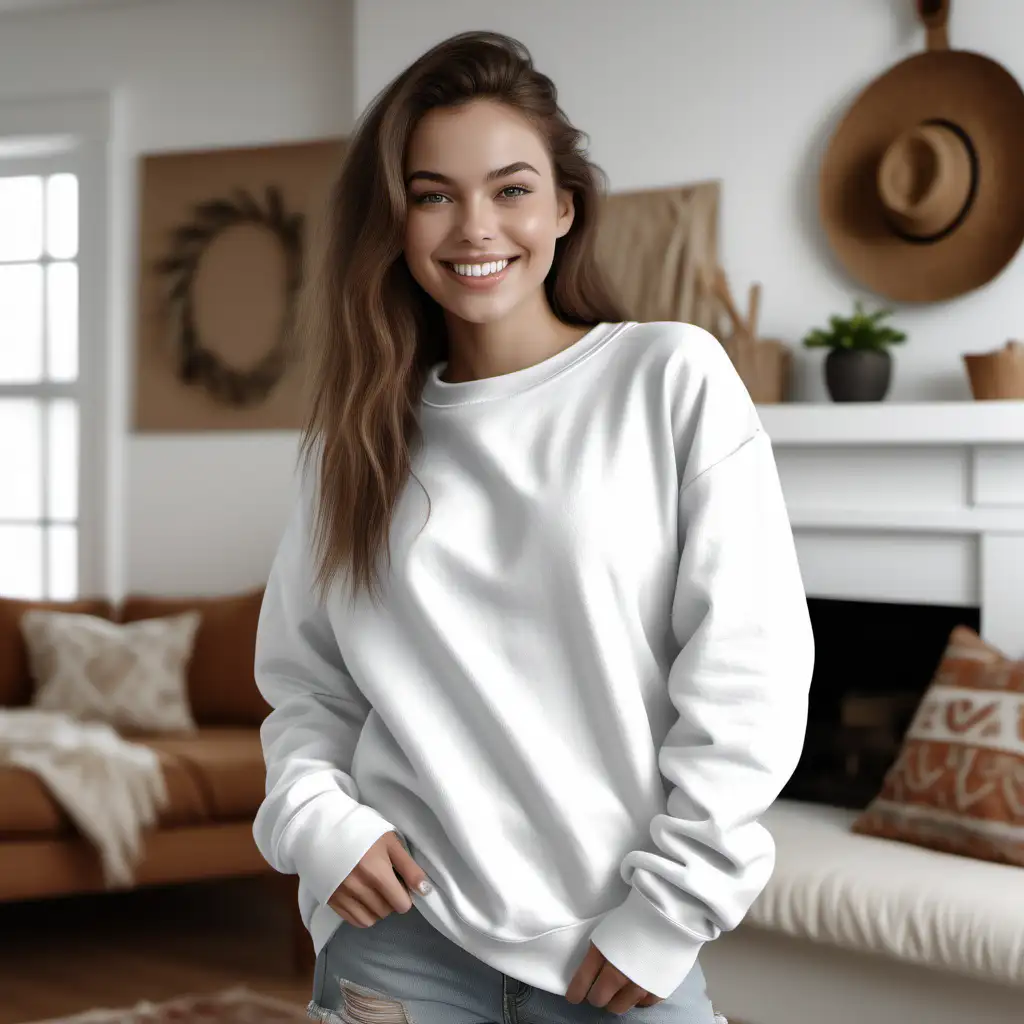 a photorealistic photo mockup of a gently smiling female model wearing a blank white
over-sized Gildan 18000 sweatshirt with a tight collar, in front of an indoor white themed
boho style home living Room scene. professional photography composition, f9.0. --ar 5:4 -
-s 750 --style raw 