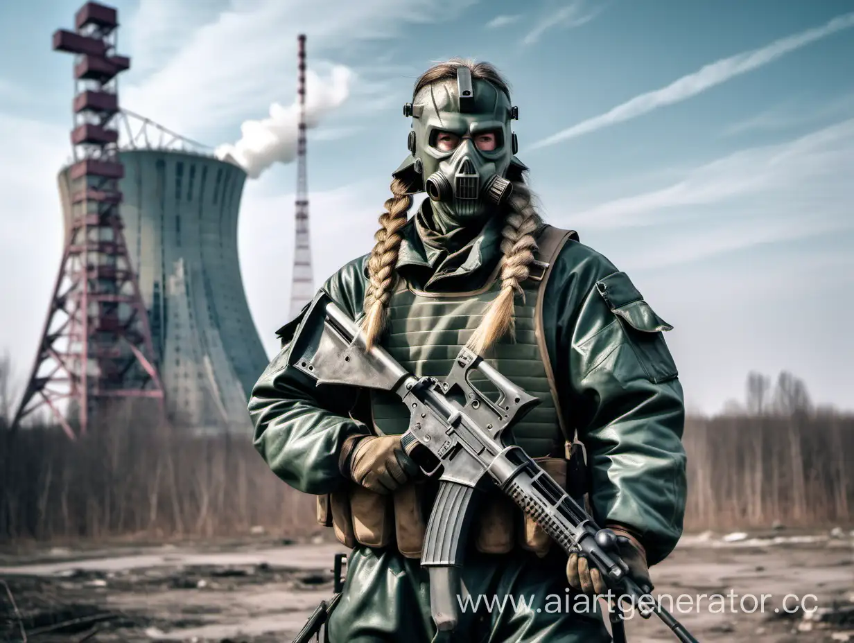 Сталкерша с длинной косичкой и автоматом в руках в броне группировки монолита на фоне чернобыльской атомной станции 