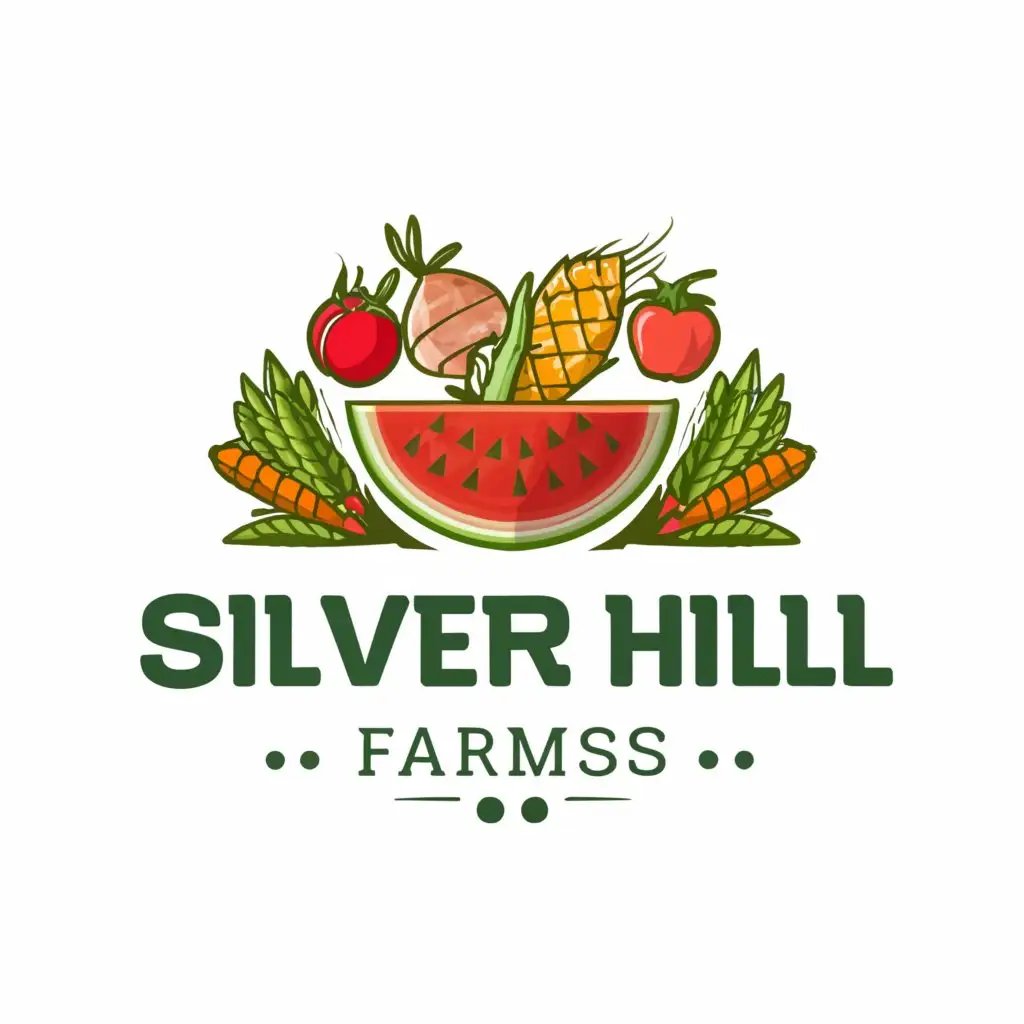 a logo design,with the text "Silver Hill Farms", main symbol:Watermelon, fruits, vegetables,Moderate,clear background