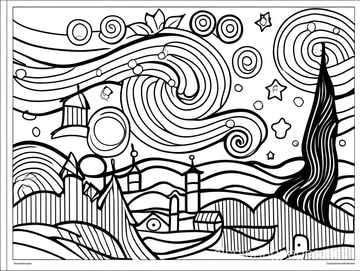 color by numbers vangoh 
, Coloring Page, black and white, line art, white background, Simplicity, Ample White Space. The background of the coloring page is plain white to make it easy for young children to color within the lines. The outlines of all the subjects are easy to distinguish, making it simple for kids to color without too much difficulty