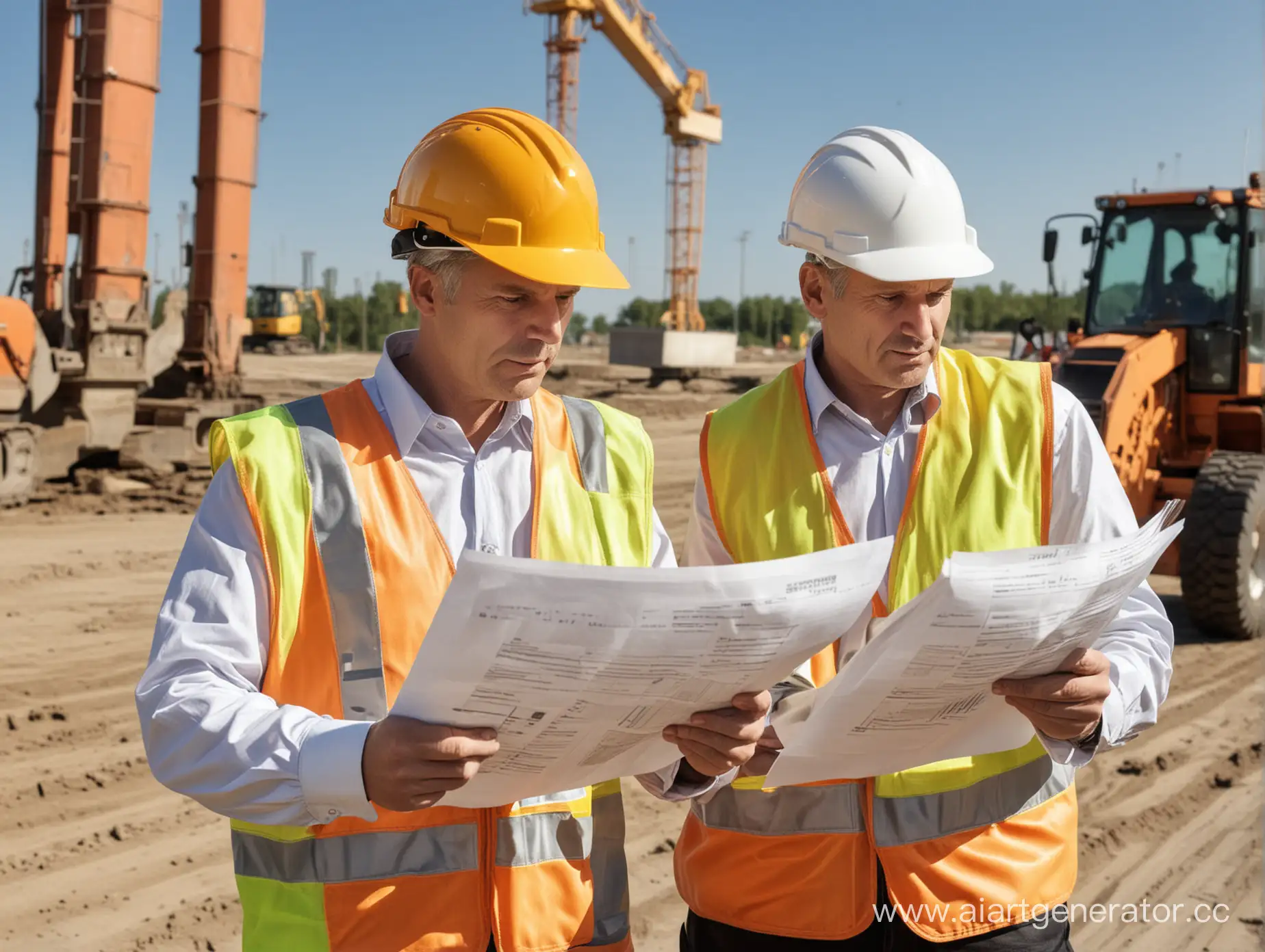 Construction-Workers-Reviewing-Documents-with-Machinery-in-Background-on-Sunny-Day