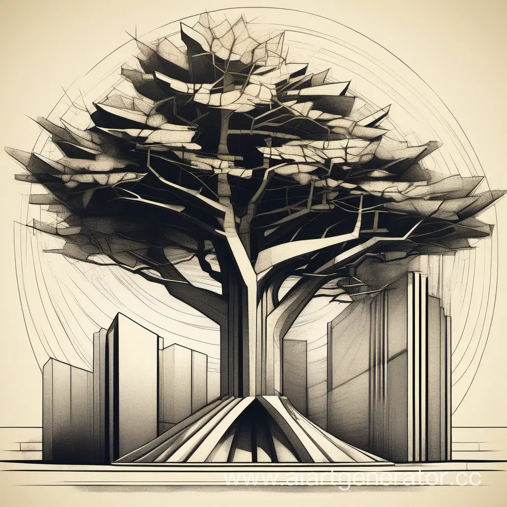 Sketch of a tree in the Brutalist and art deco styles