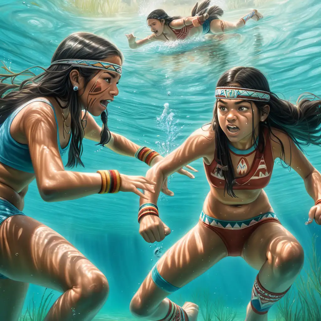 slim teen native American girls fighting underwater and wrestling swimming in a lake 