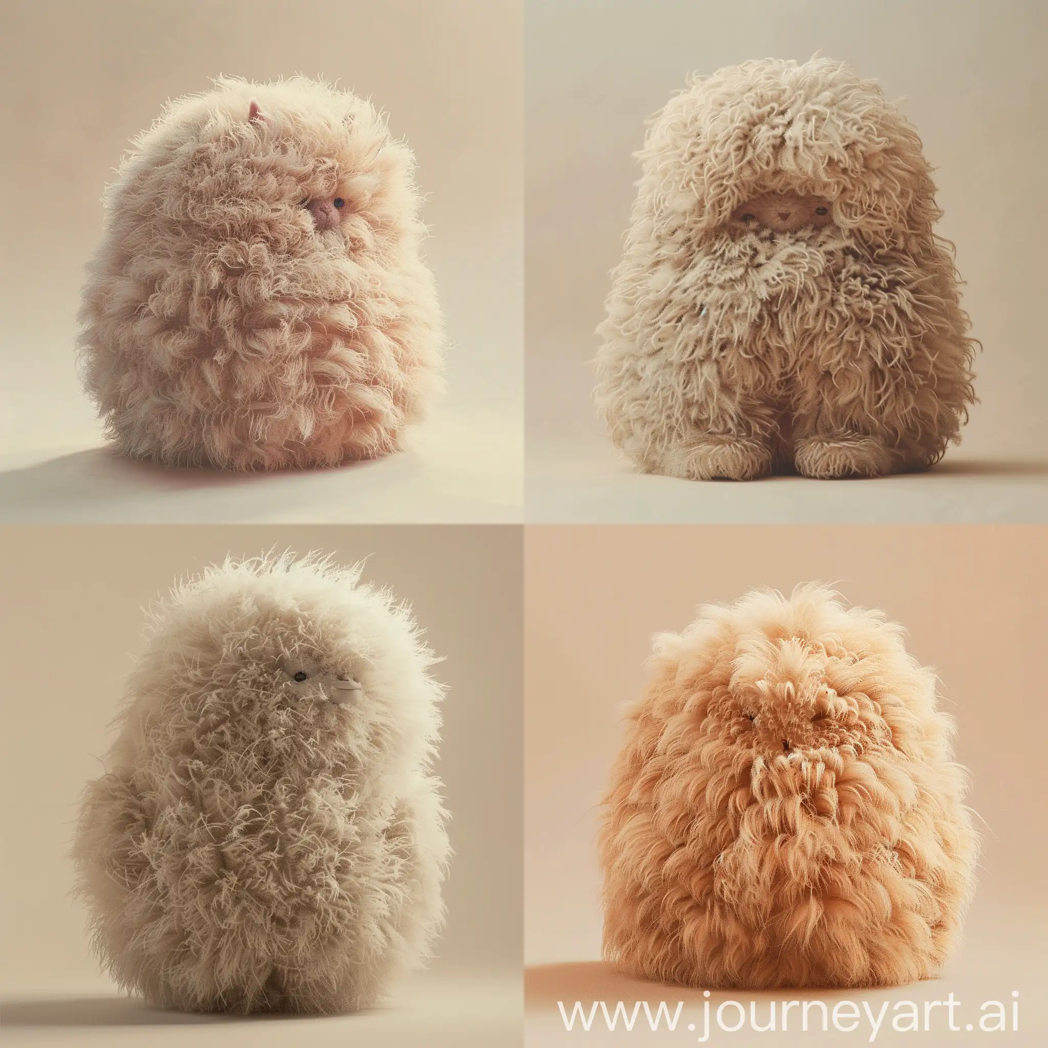 An adorable object is entirely covered in pile-high soft and fluffy fur. It looks incredibly endearing to the point of inciting 'aww'-like reactions. The background is a light, neutral shade to emphasize the object, and the lighting is gentle, creating a heartwarming and welcoming atmosphere.