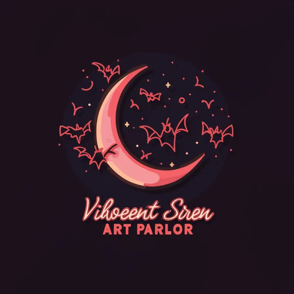 a logo design,with the text "Viholent Siren Art Parlor", main symbol:Crescent moon, bats, magic, neon colors