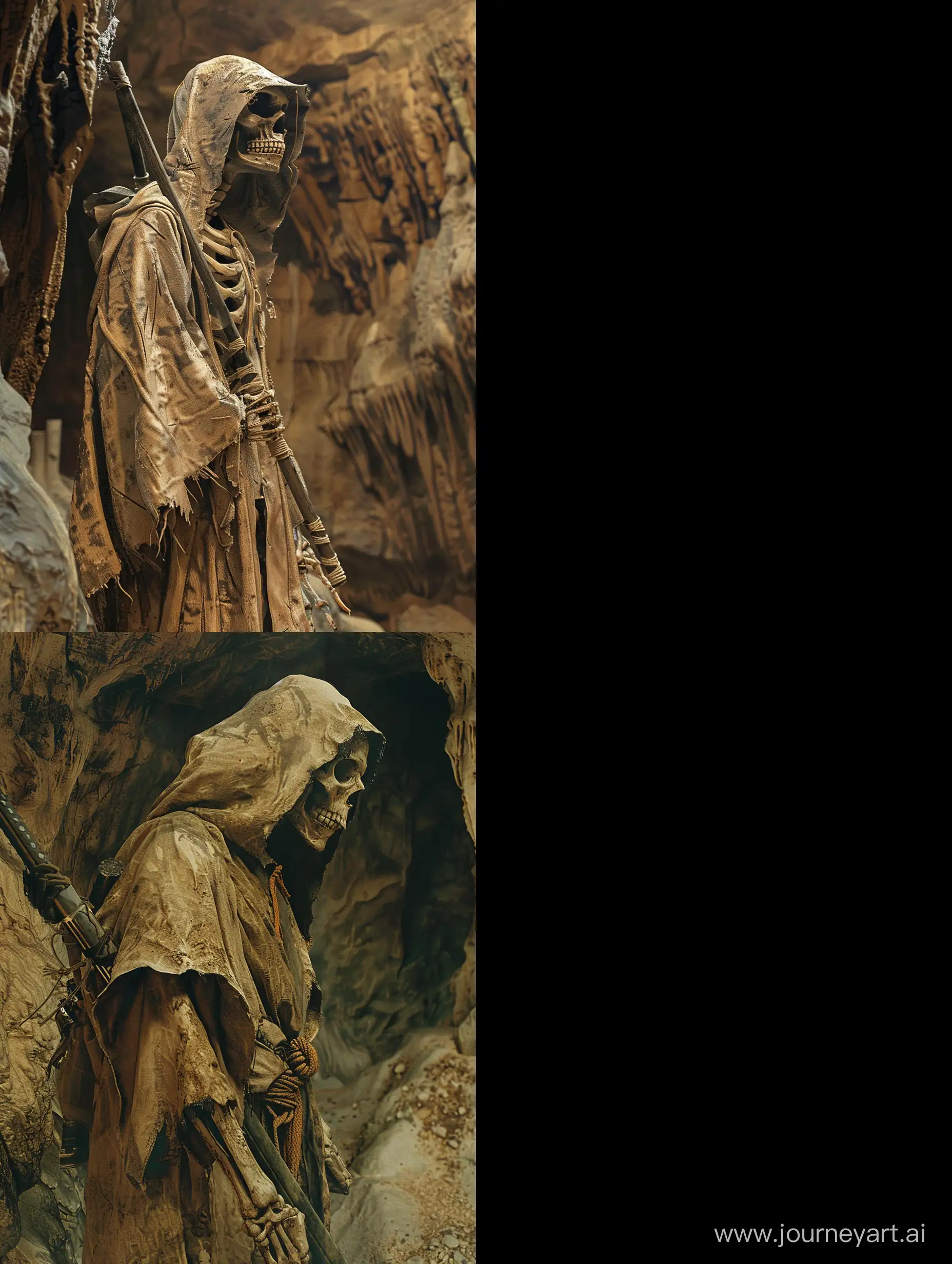 Skeleton warrior with robe and hood,naginata on the back , in a cave-like place underground , horror place , incredible detail,terrifying,Imaginary image,fantasy.