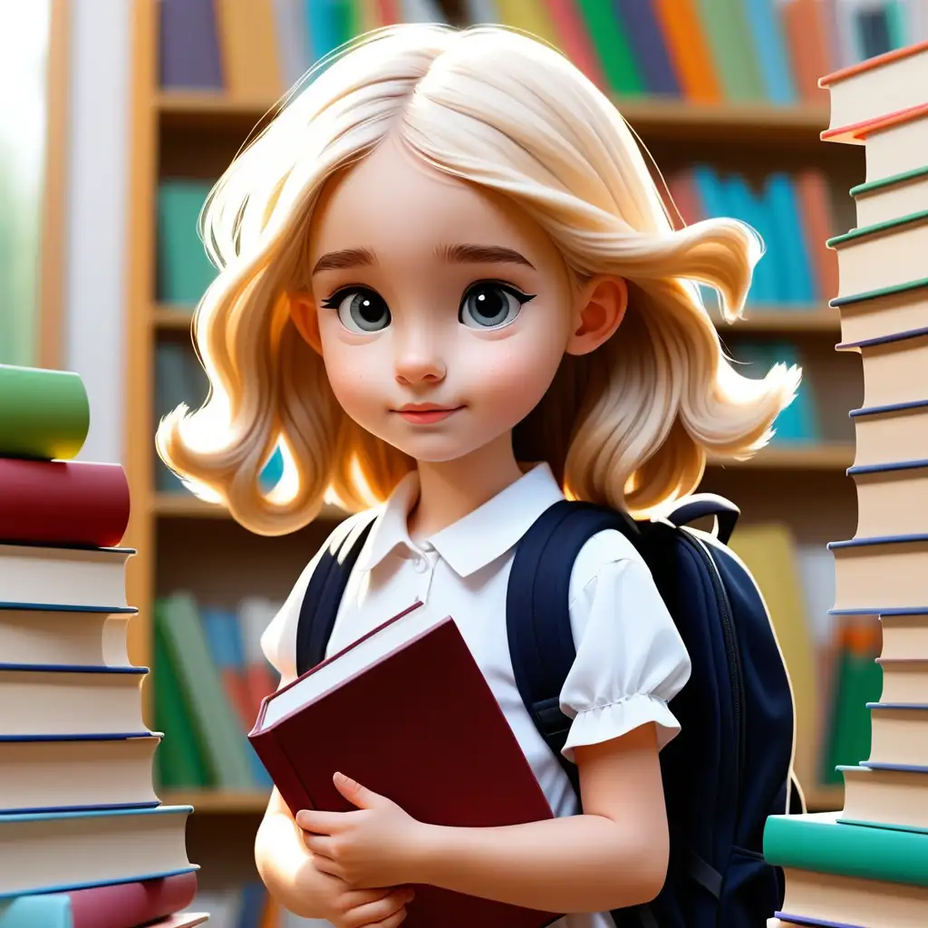 A fair-haired girl goes to school, the background is books