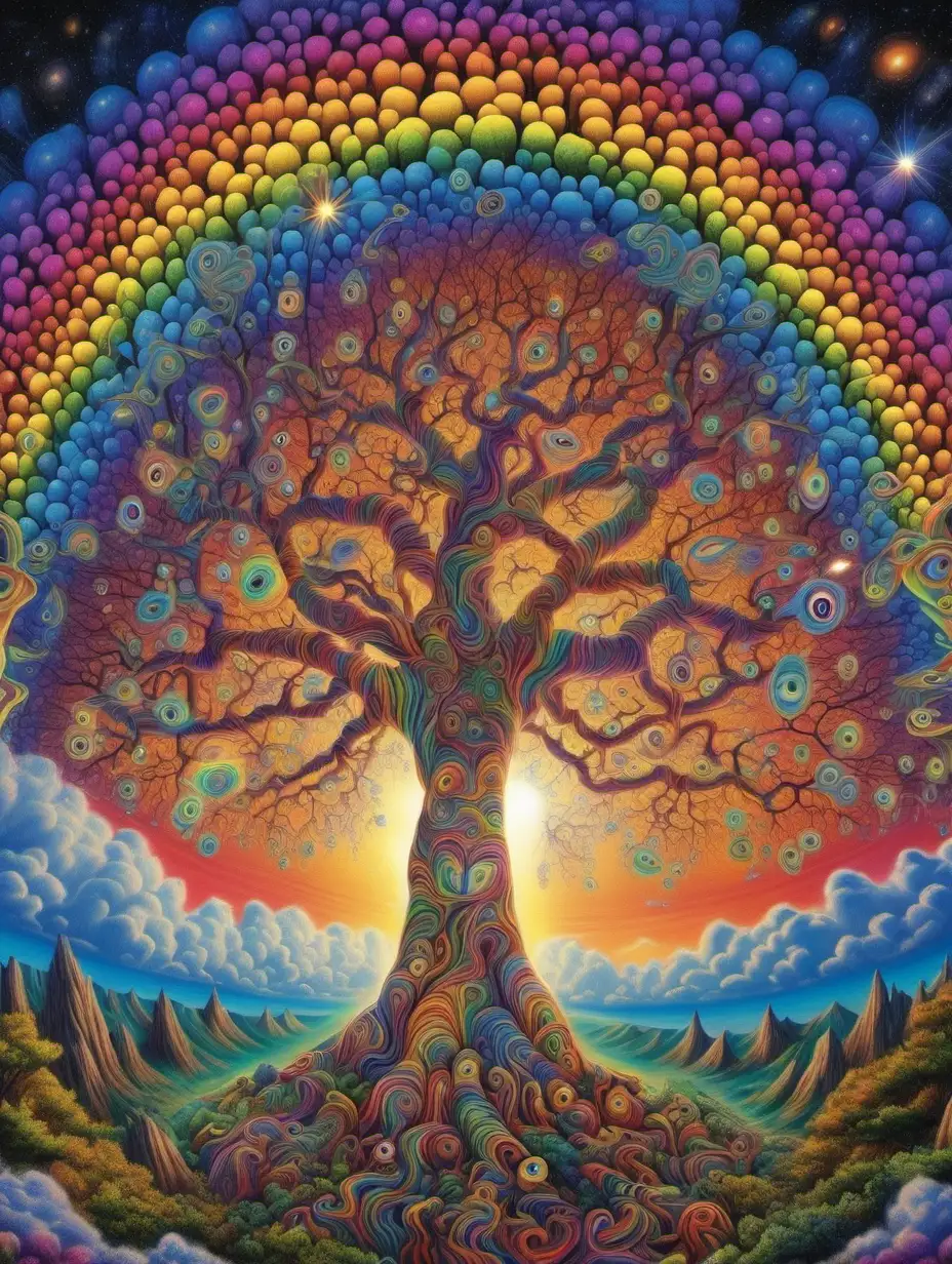 Psychedelic Tree of Life with Rainbow Cloud and HyperRealistic Animal Eyes